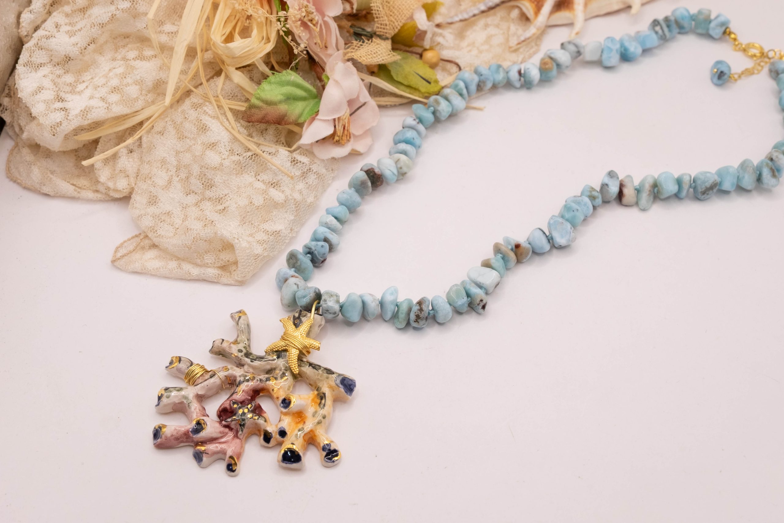 COLLANA ARTIGIANALE LARIMAR NATURALE ARGENTO DORATO RAMO DI CORALLO CERAMICA DI CALTAGIRONE (2)