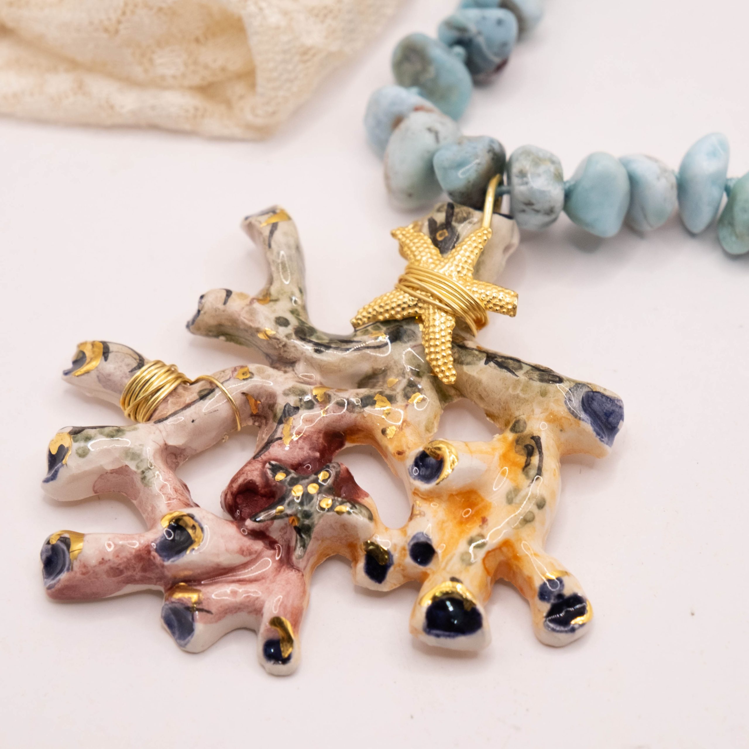 COLLANA ARTIGIANALE LARIMAR NATURALE ARGENTO DORATO RAMO DI CORALLO CERAMICA DI CALTAGIRONE (3)