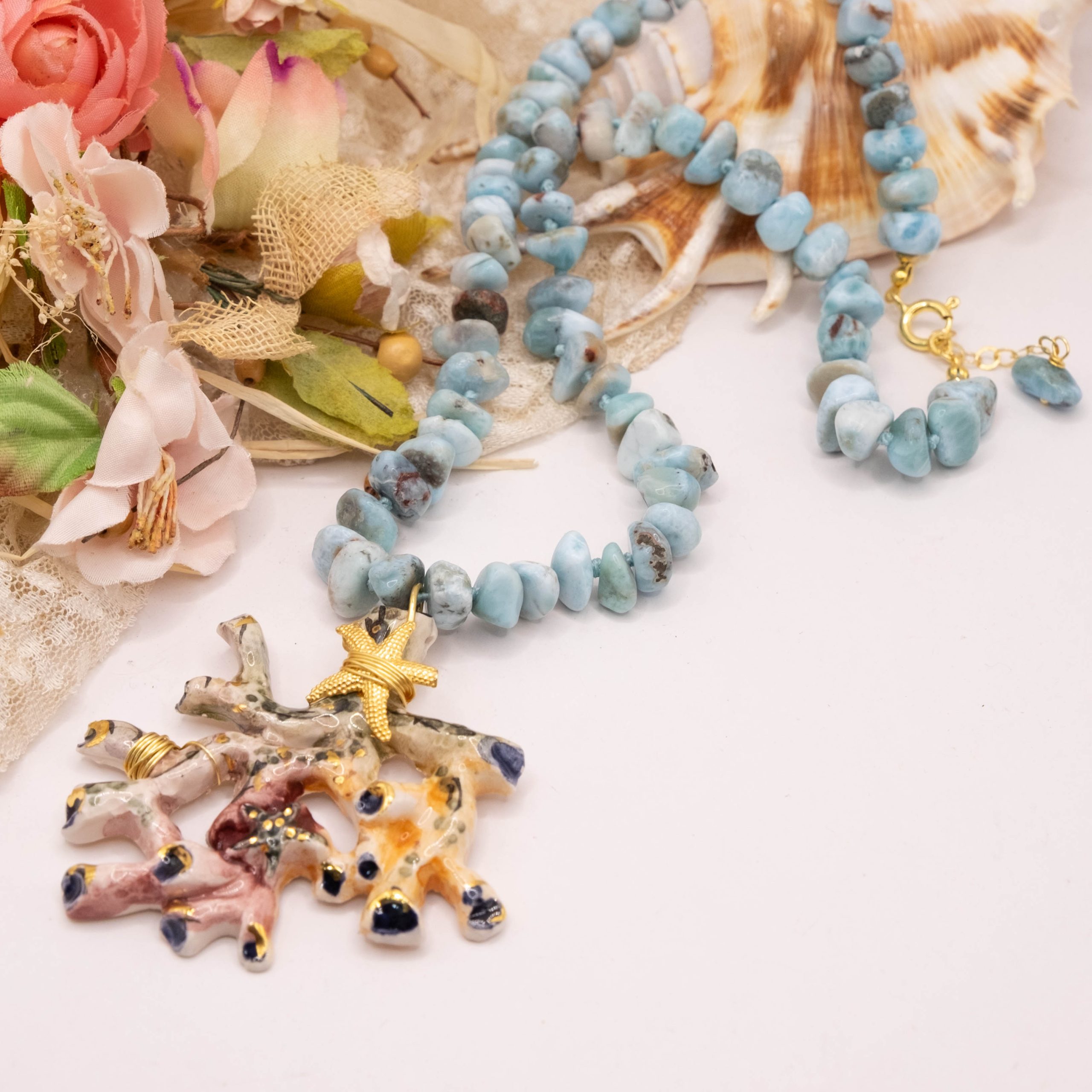 COLLANA ARTIGIANALE LARIMAR NATURALE ARGENTO DORATO RAMO DI CORALLO CERAMICA DI CALTAGIRONE (4)