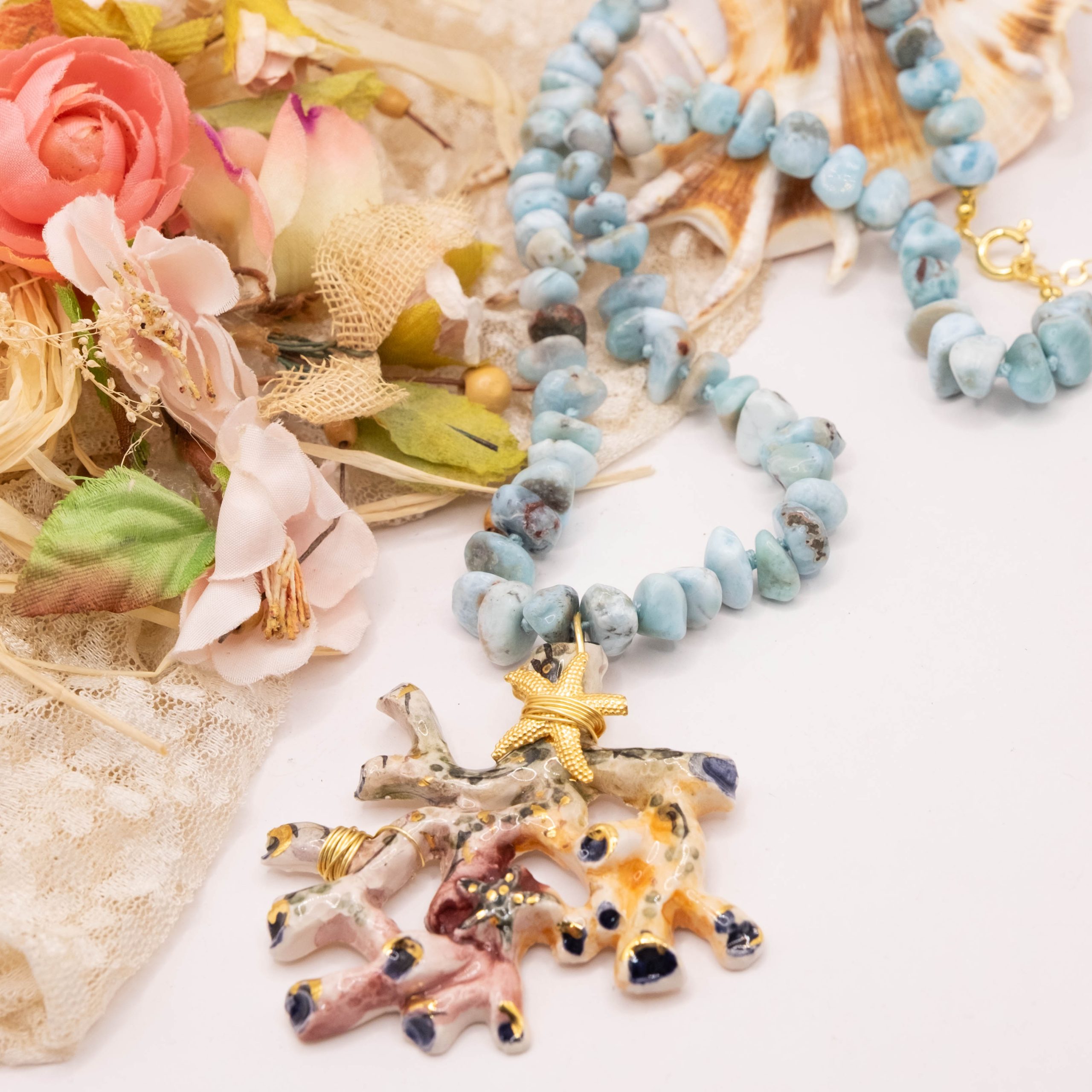 COLLANA ARTIGIANALE LARIMAR NATURALE ARGENTO DORATO RAMO DI CORALLO CERAMICA DI CALTAGIRONE (5)