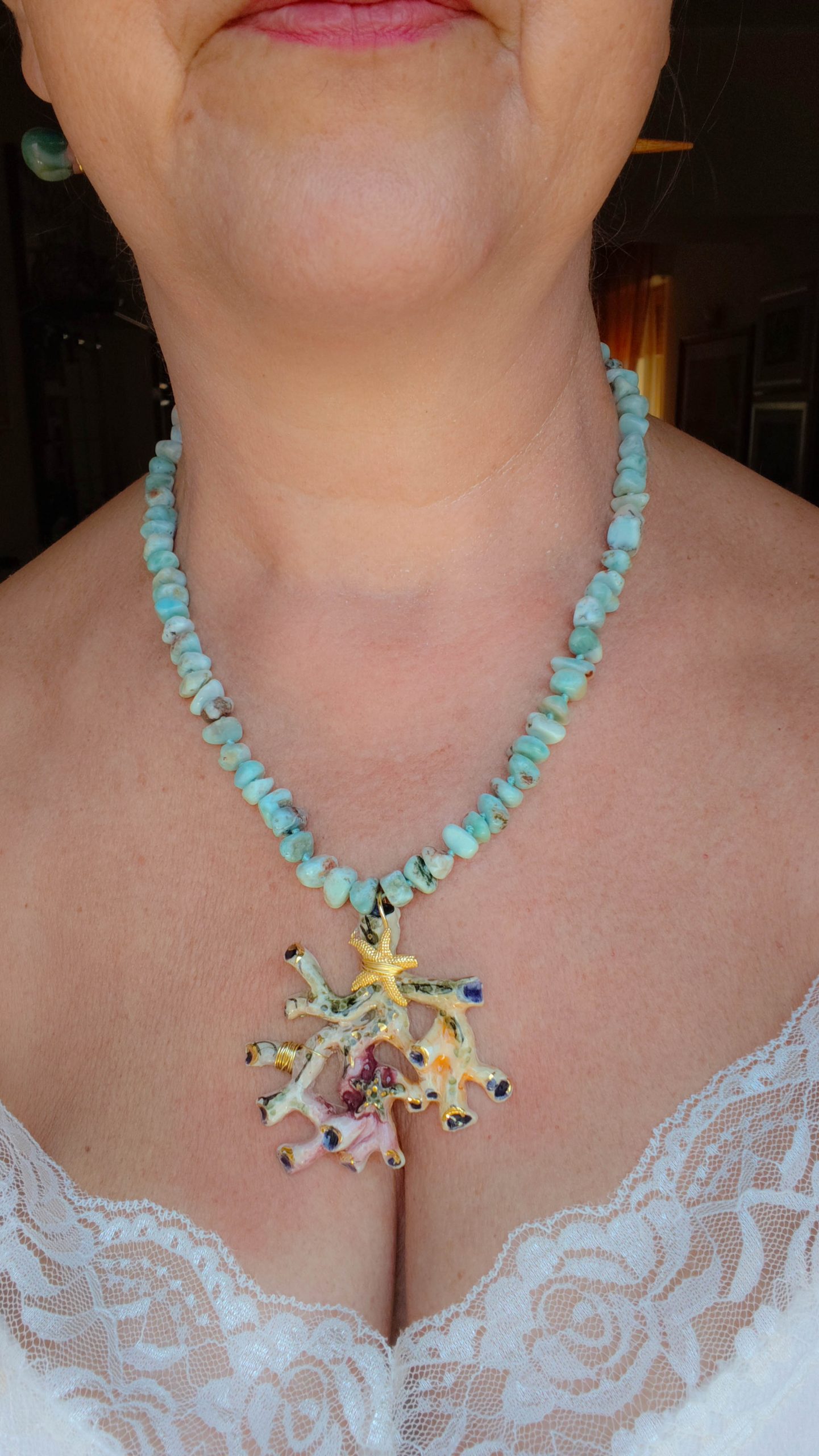 COLLANA ARTIGIANALE LARIMAR NATURALE ARGENTO DORATO RAMO DI CORALLO CERAMICA DI CALTAGIRONE