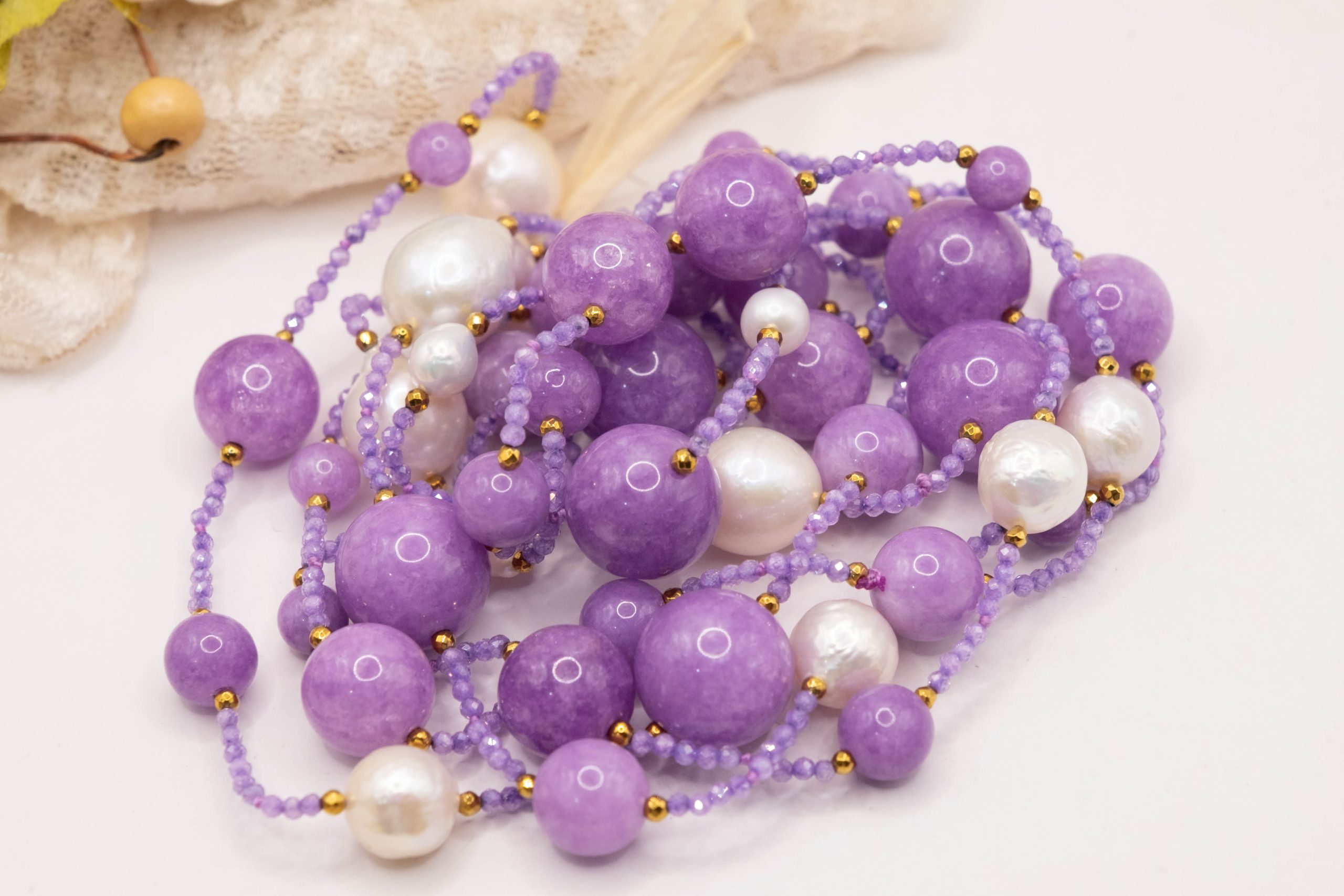 COLLANA ARTIGIANALE LUNGA KUNZITE PERLE EMATITE ZIRCONI (1)