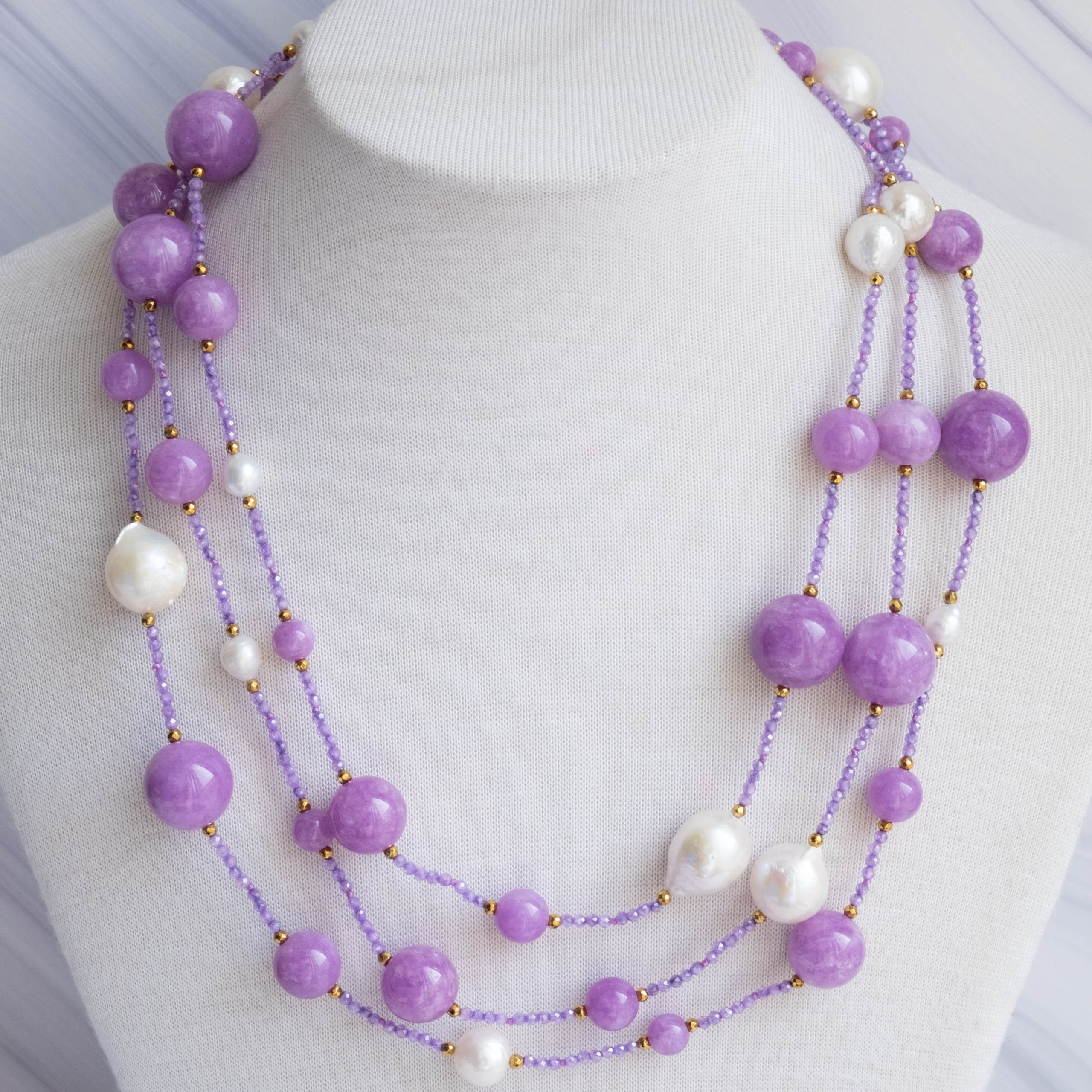 COLLANA ARTIGIANALE LUNGA KUNZITE PERLE EMATITE ZIRCONI (2)