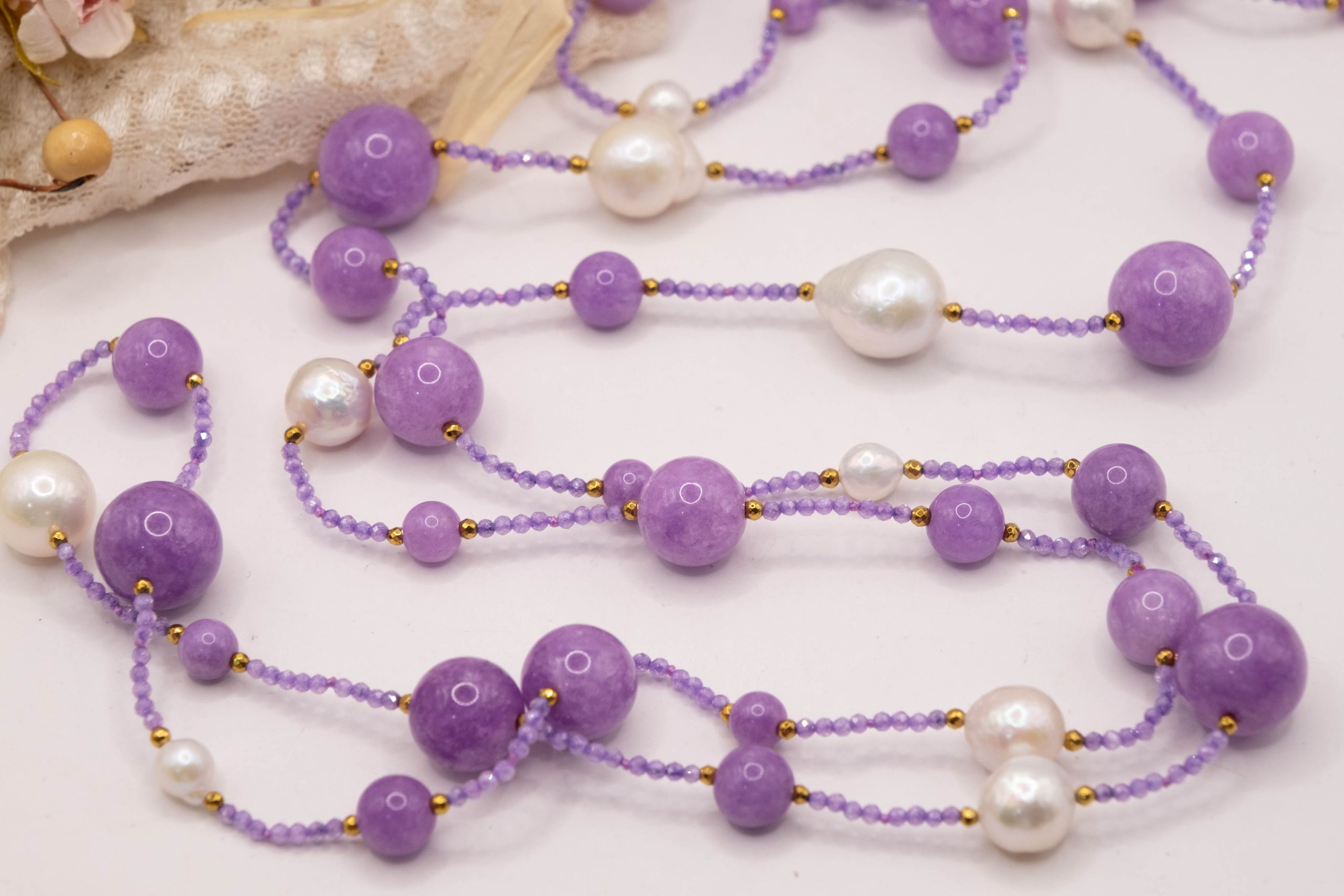 COLLANA ARTIGIANALE LUNGA KUNZITE PERLE EMATITE ZIRCONI (3)