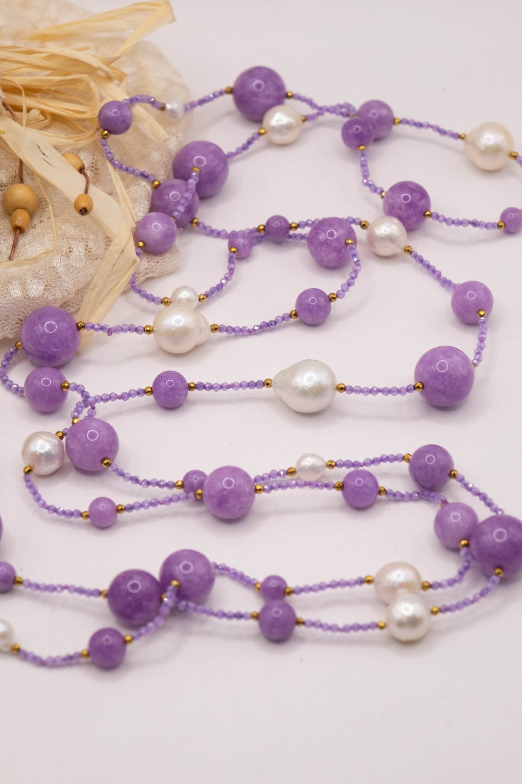 COLLANA ARTIGIANALE LUNGA KUNZITE PERLE EMATITE ZIRCONI (4)