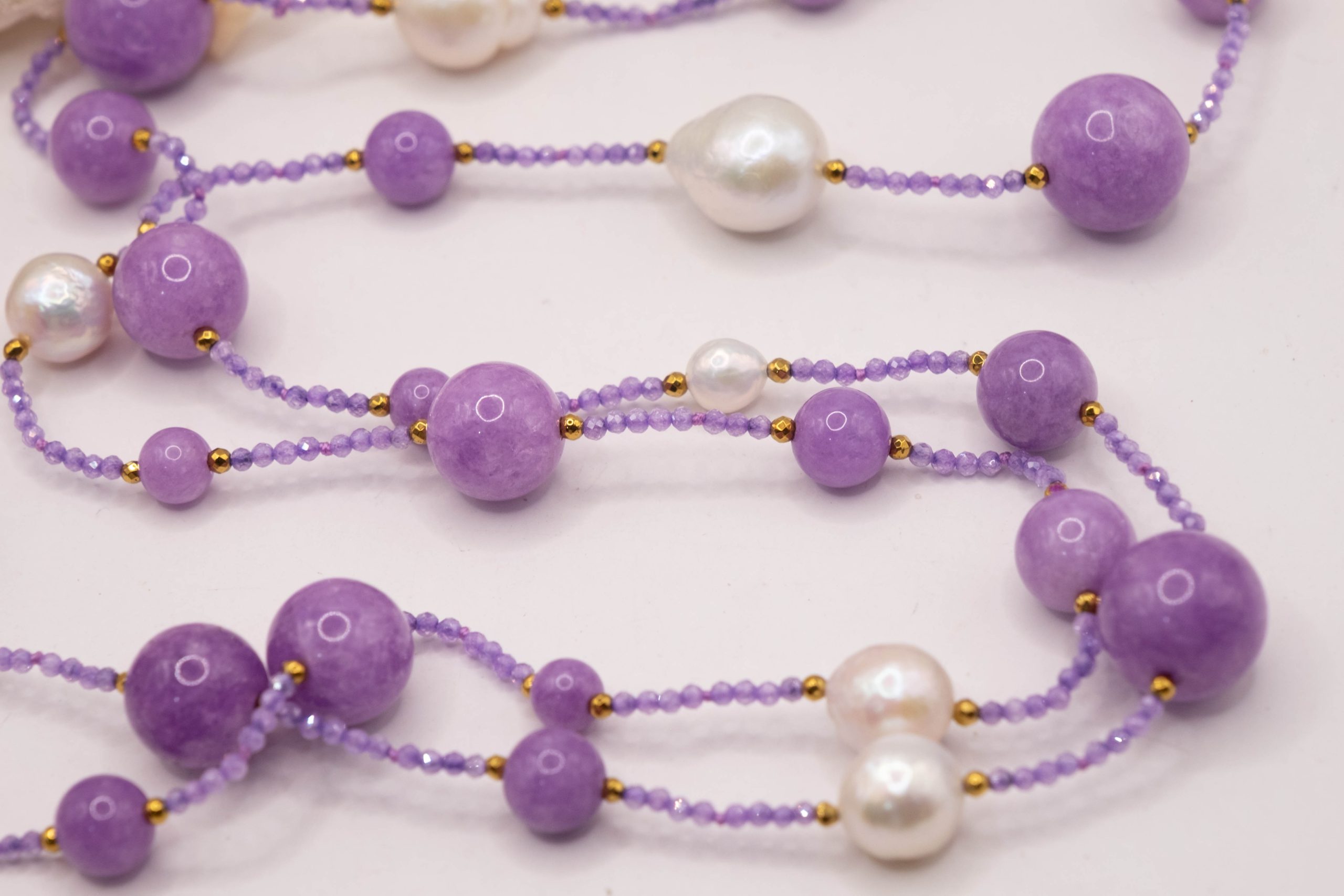 COLLANA ARTIGIANALE LUNGA KUNZITE PERLE EMATITE ZIRCONI (5)