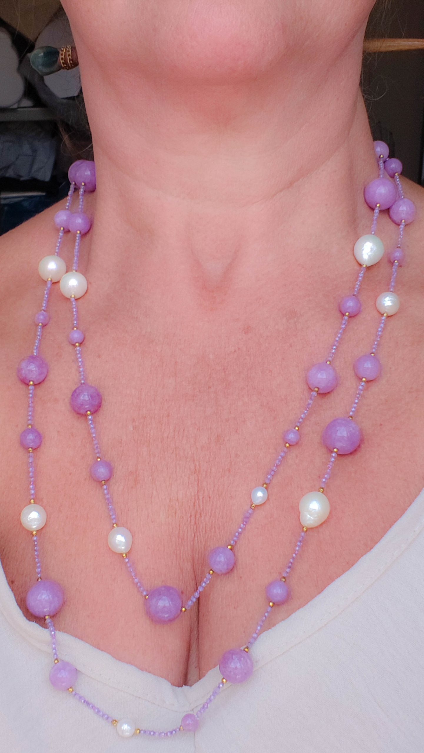 COLLANA ARTIGIANALE LUNGA KUNZITE PERLE EMATITE ZIRCONI