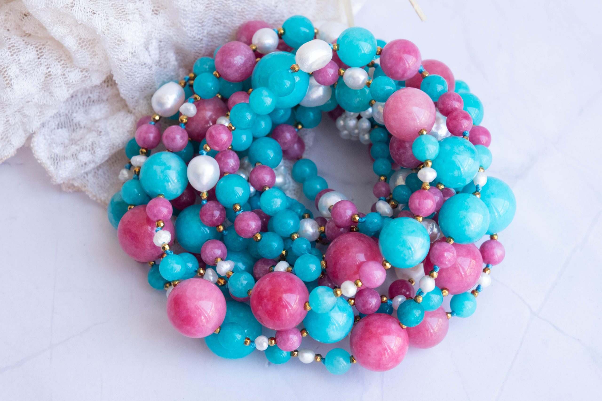 COLLANA ARTIGIANALE MULTIFILO GIADA FUXIA TIFFANY PERLE (1)