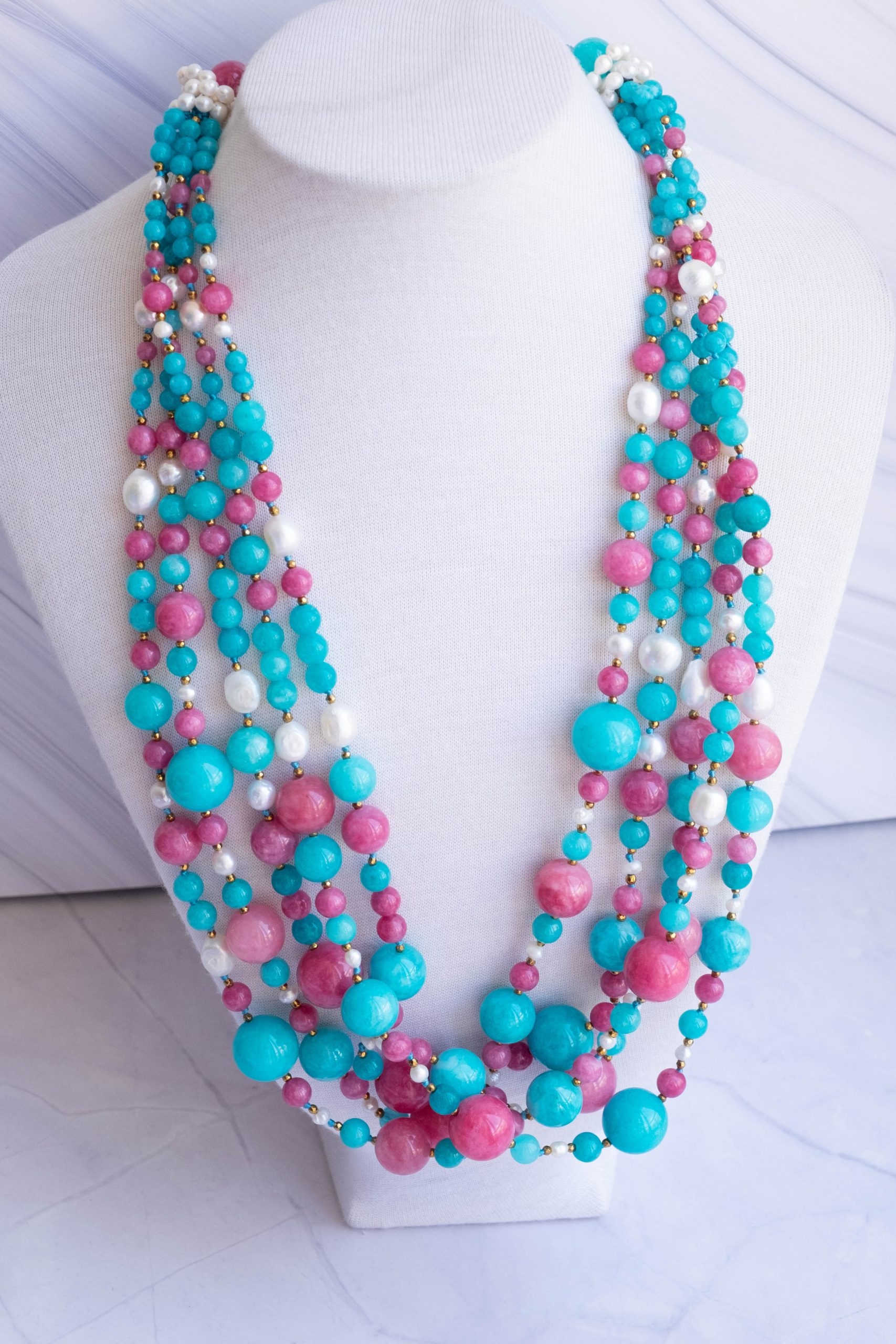 COLLANA ARTIGIANALE MULTIFILO GIADA FUXIA TIFFANY PERLE (2)