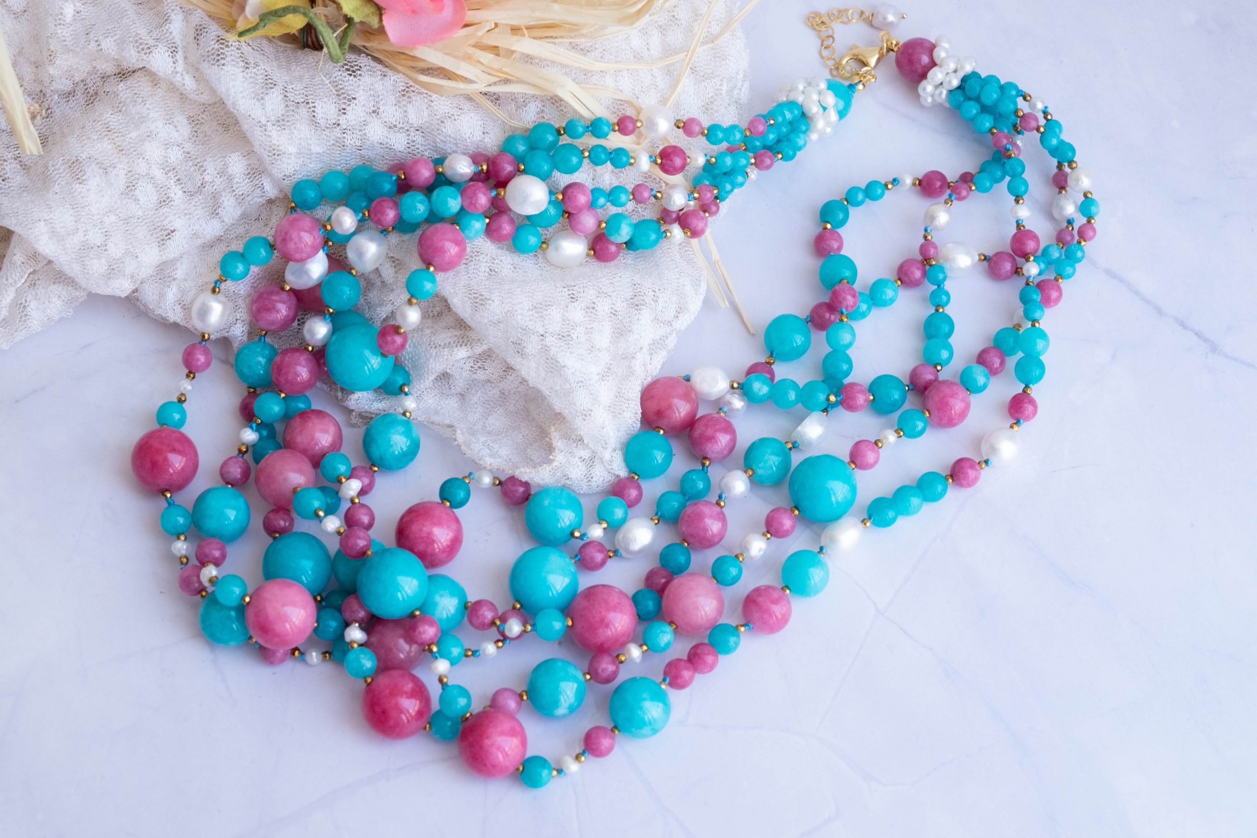 COLLANA ARTIGIANALE MULTIFILO GIADA FUXIA TIFFANY PERLE (3)