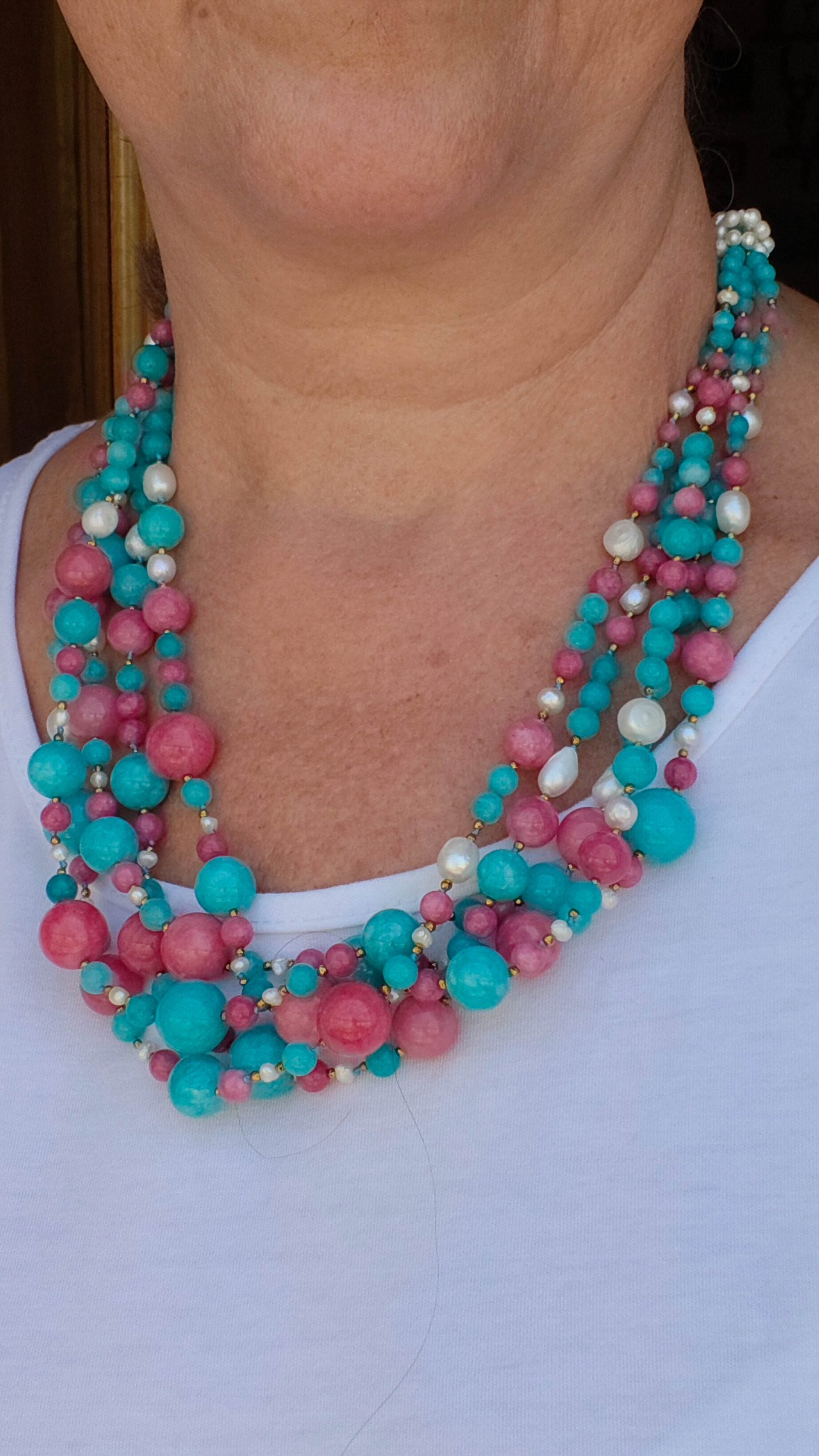 COLLANA ARTIGIANALE MULTIFILO GIADA FUXIA TIFFANY PERLE (4)