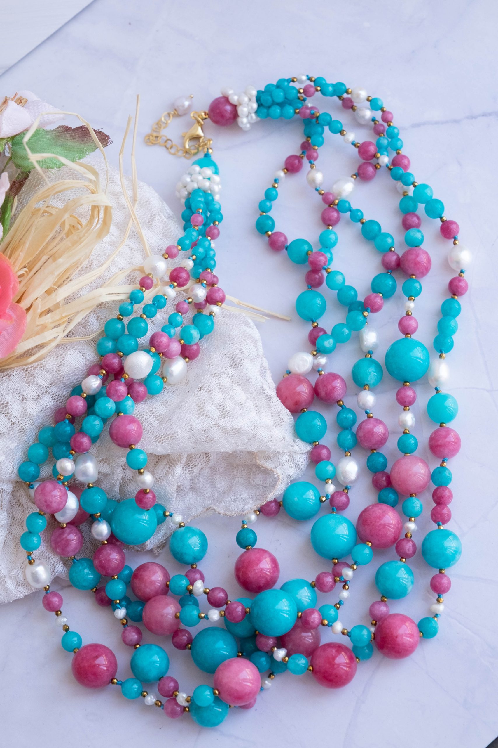 COLLANA ARTIGIANALE MULTIFILO GIADA FUXIA TIFFANY PERLE (4)