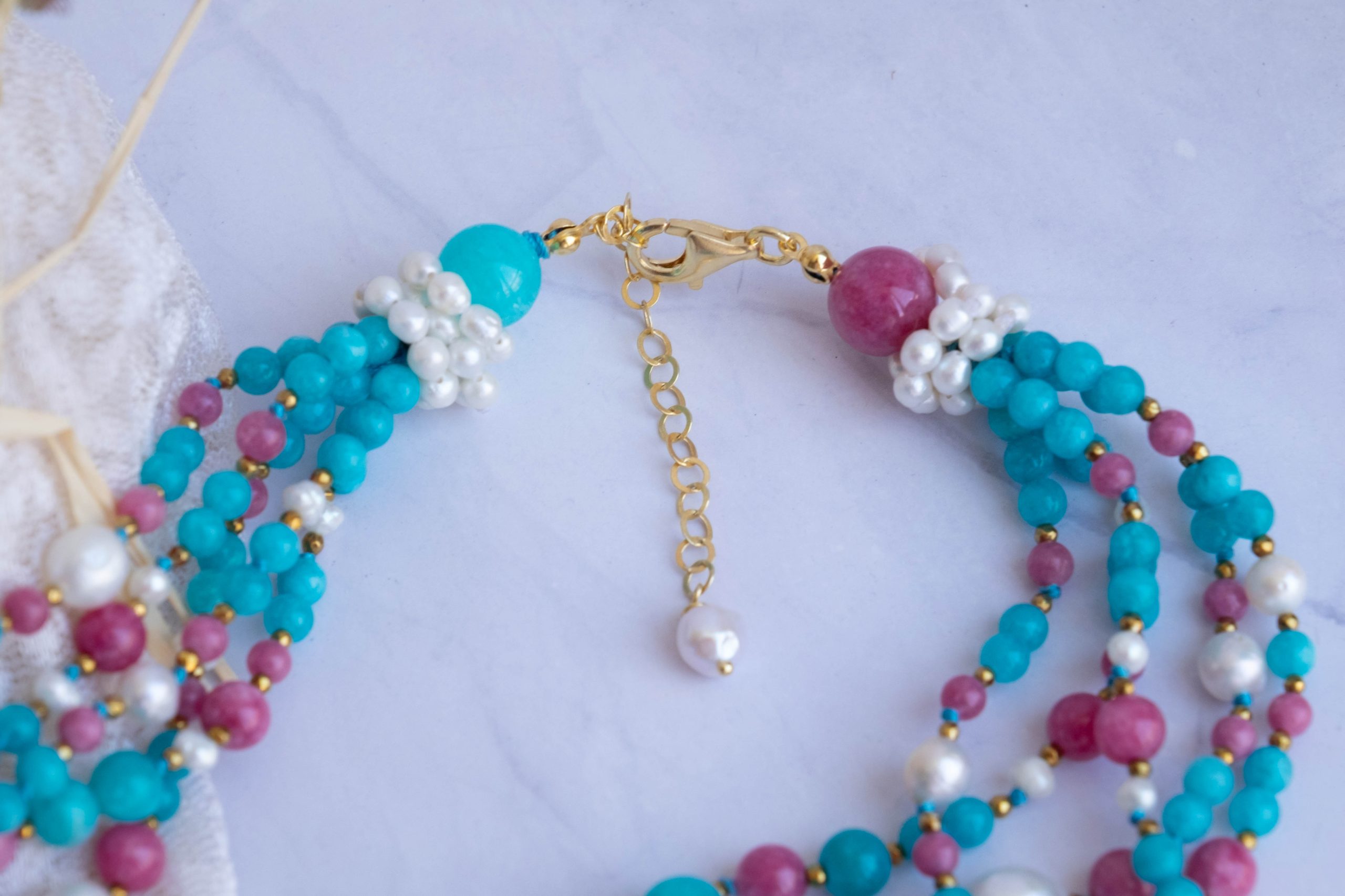 COLLANA ARTIGIANALE MULTIFILO GIADA FUXIA TIFFANY PERLE (5)