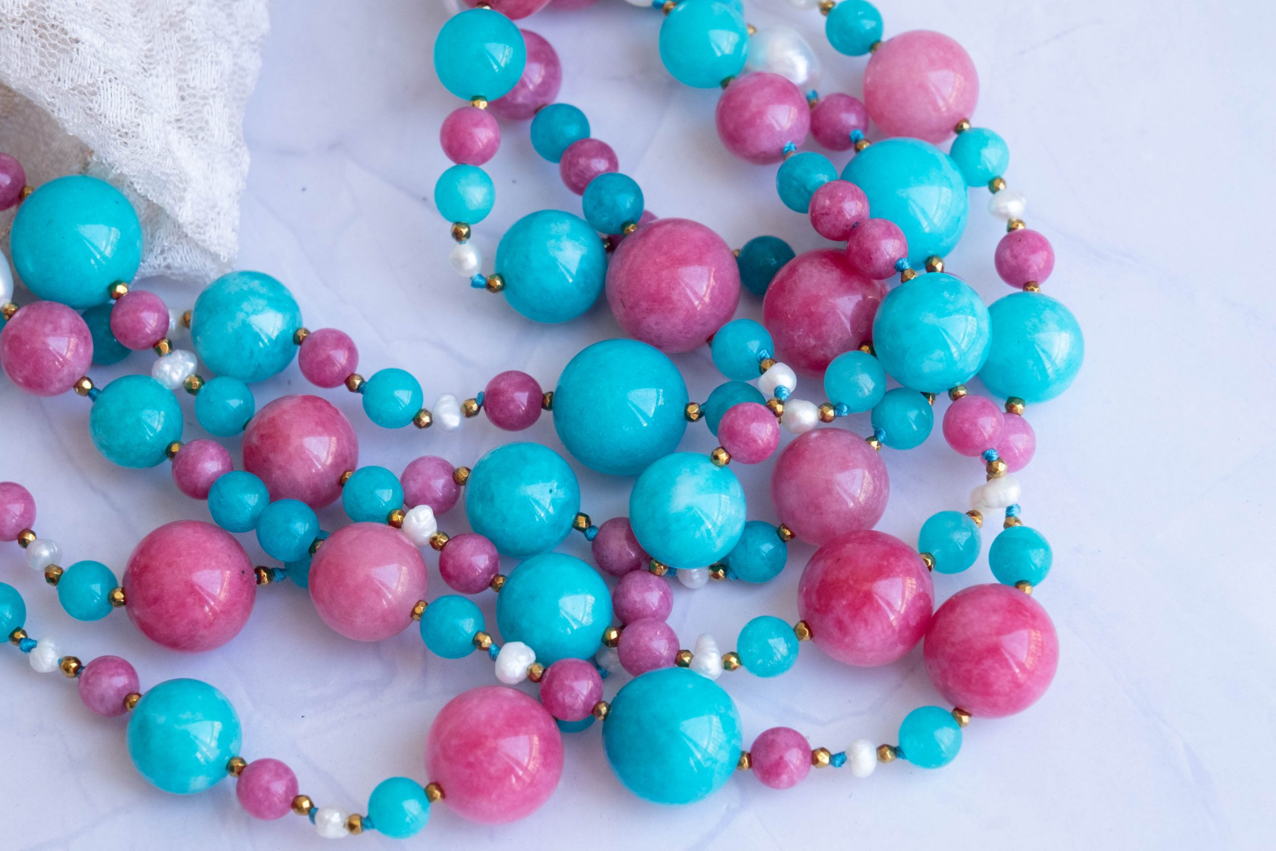 COLLANA ARTIGIANALE MULTIFILO GIADA FUXIA TIFFANY PERLE (6)