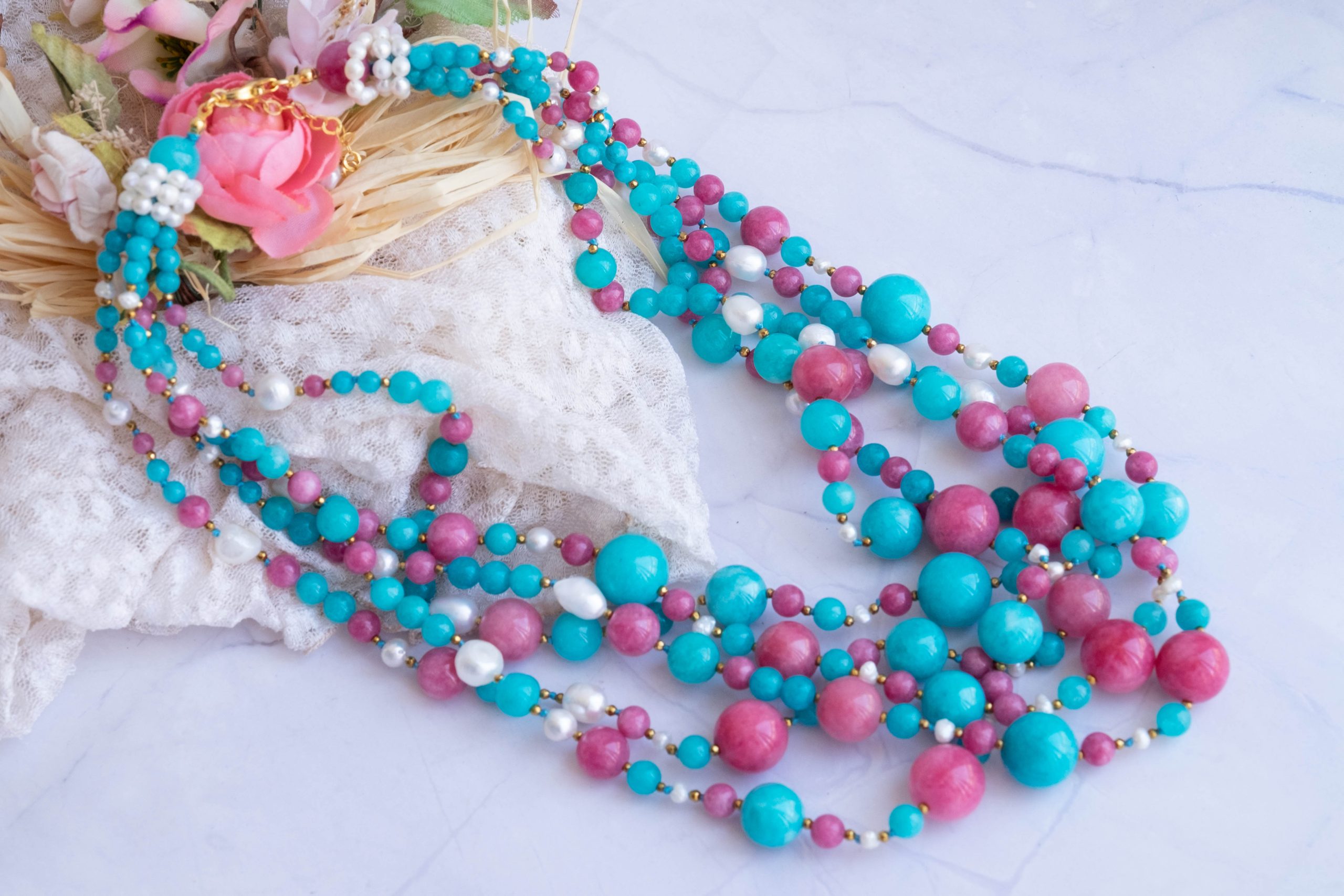 COLLANA ARTIGIANALE MULTIFILO GIADA FUXIA TIFFANY PERLE (7)