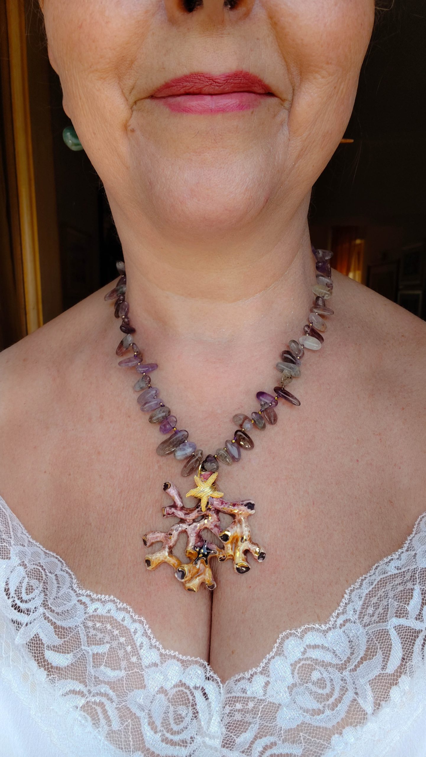 HANDMADE NECKLACE CORAL BRANCH SICILIAN CALTAGIRONE CERAMIC AMETHYST SILVER (1