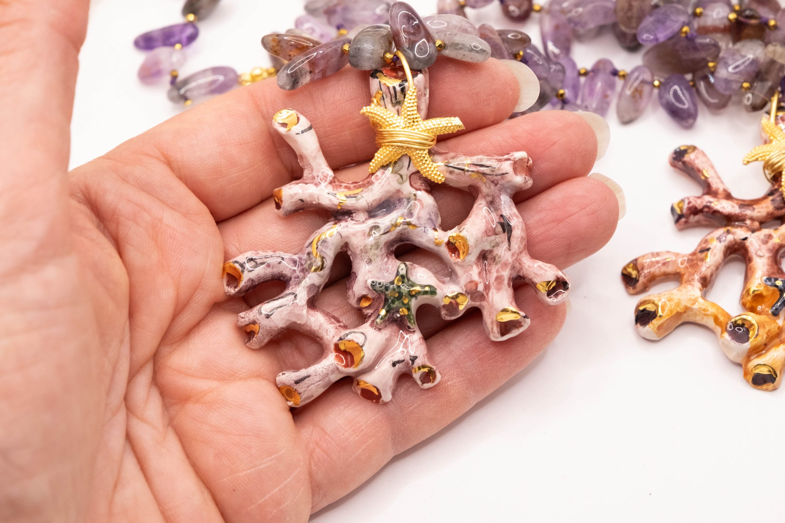 HANDMADE NECKLACE CORAL BRANCH SICILIAN CALTAGIRONE CERAMIC AMETHYST SILVER (1)