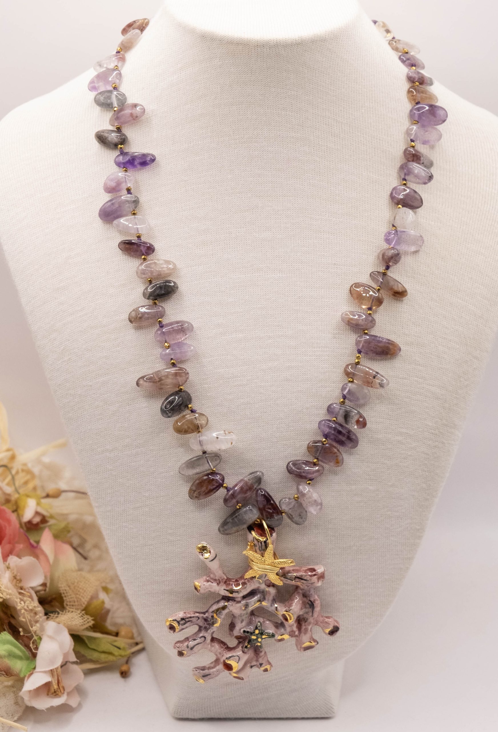 HANDMADE NECKLACE CORAL BRANCH SICILIAN CALTAGIRONE CERAMIC AMETHYST SILVER (2)