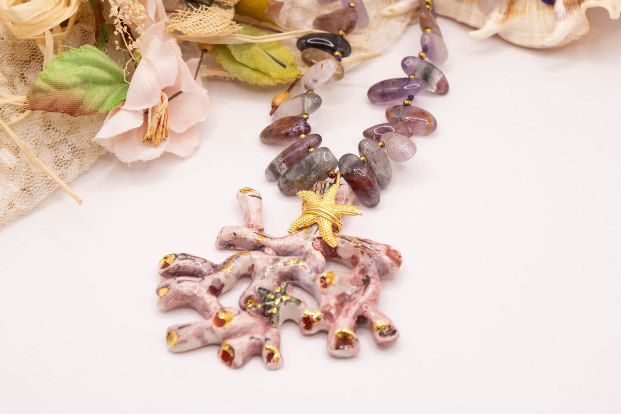 HANDMADE NECKLACE CORAL BRANCH SICILIAN CALTAGIRONE CERAMIC AMETHYST SILVER (4)