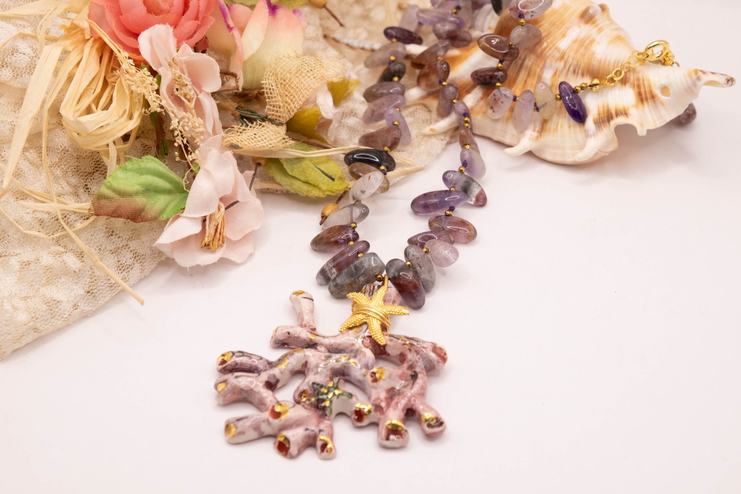 HANDMADE NECKLACE CORAL BRANCH SICILIAN CALTAGIRONE CERAMIC AMETHYST SILVER (6)