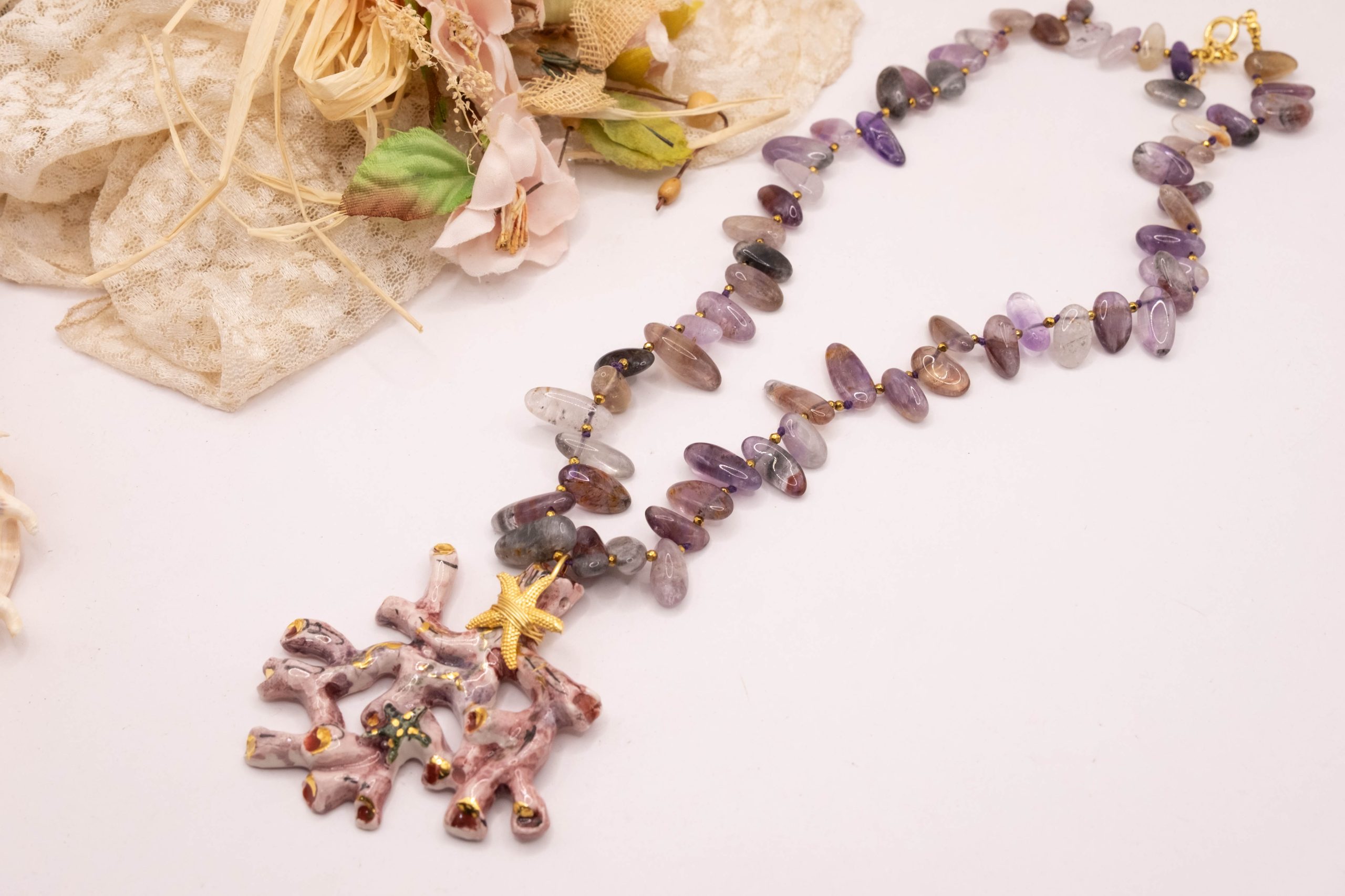 HANDMADE NECKLACE CORAL BRANCH SICILIAN CALTAGIRONE CERAMIC AMETHYST SILVER (7)