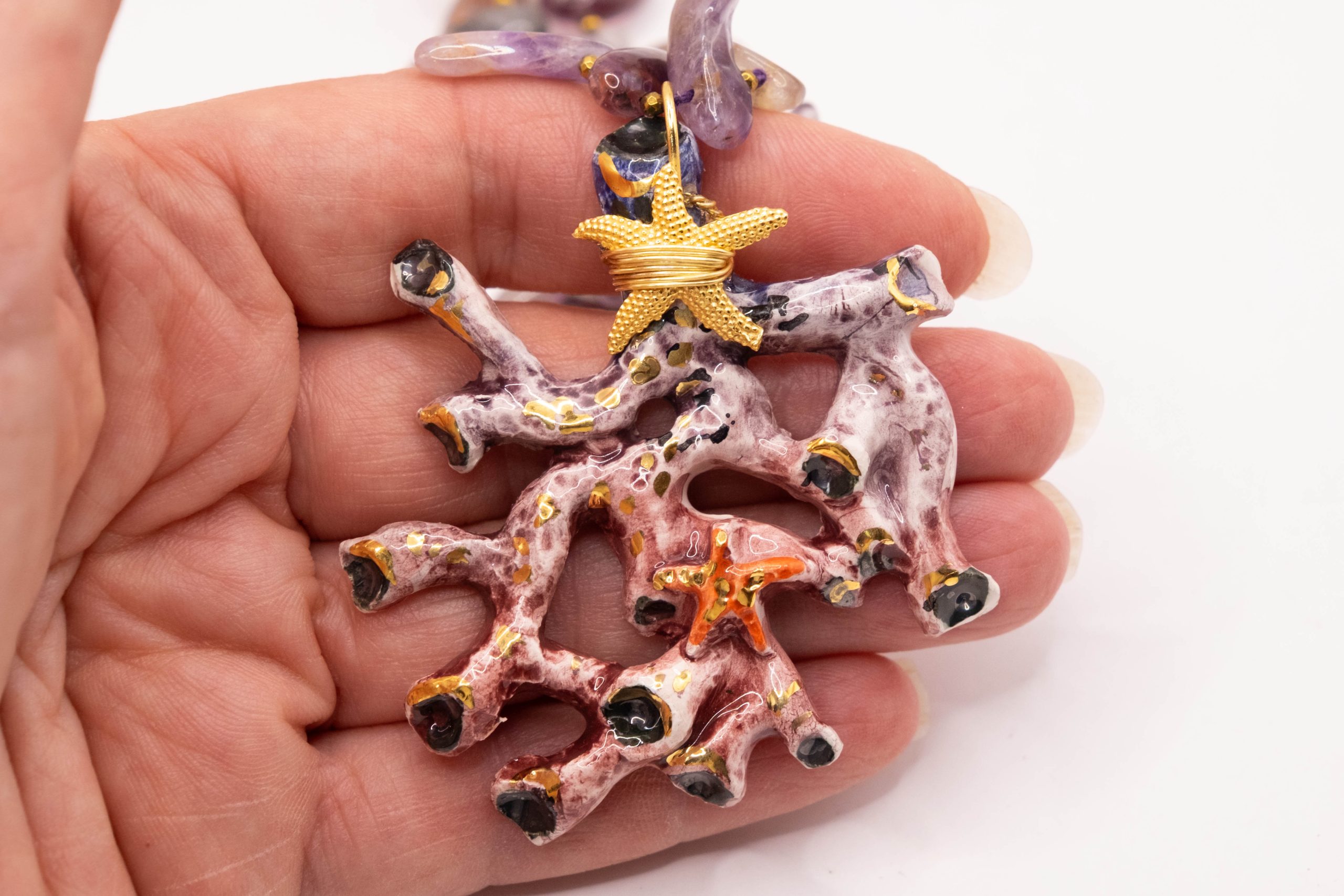 HANDMADE NECKLACE WITH CORAL BRANCH, CALTAGIRONE SICILIAN CERAMIC, AMETHYST, SILVER