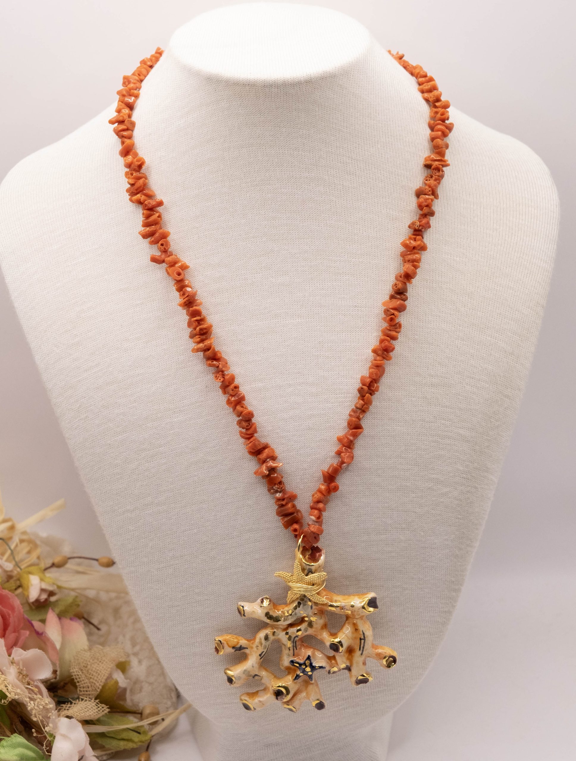 COLLANA ARTIGIANALE RAMO DI CORALLO CERAMICA DI CALTAGIRONE SICILIANA RAMETTI CORALLO DEL MEDITERRANEO ARGENTO (2)