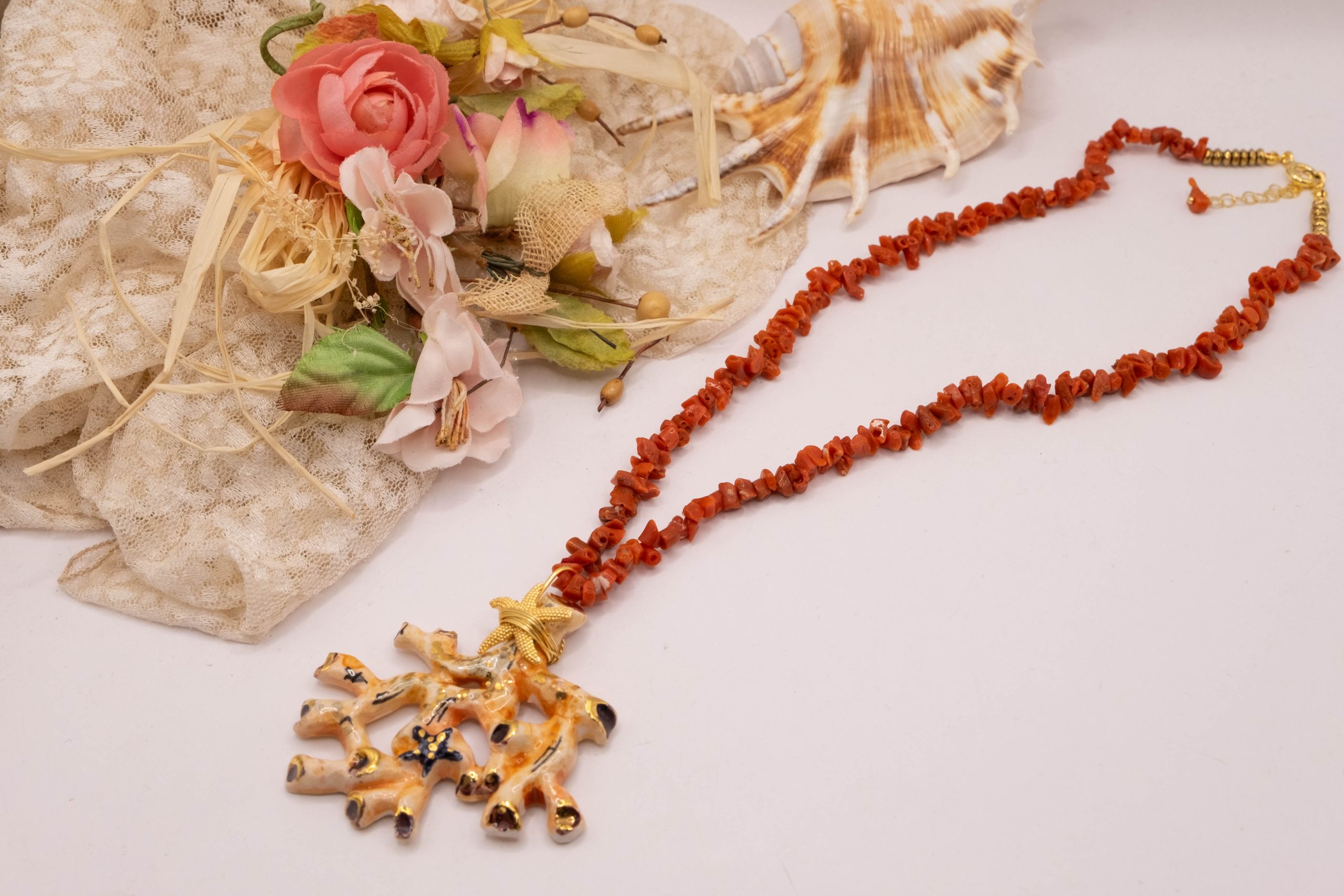 COLLANA ARTIGIANALE RAMO DI CORALLO CERAMICA DI CALTAGIRONE SICILIANA RAMETTI CORALLO DEL MEDITERRANEO ARGENTO (4)