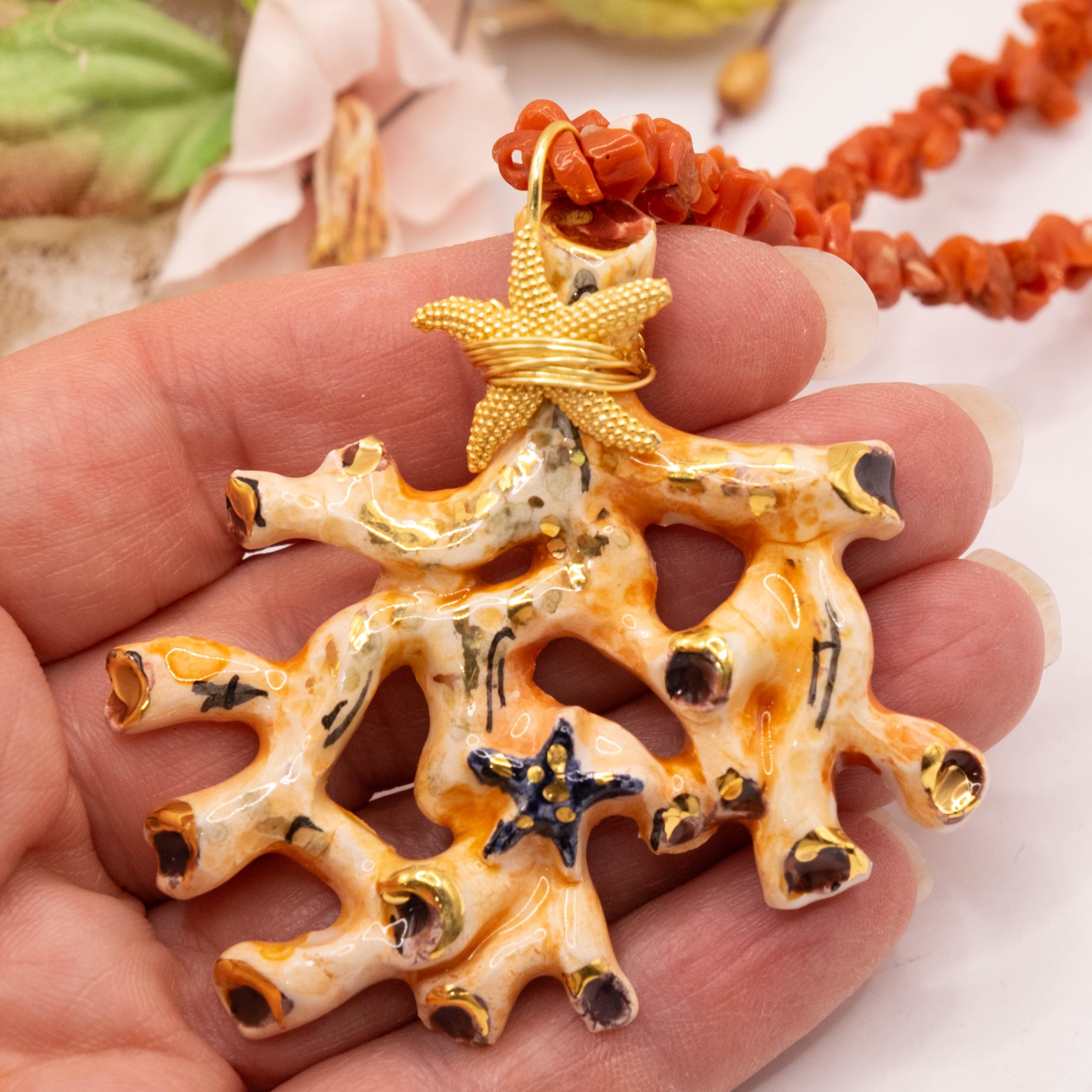 COLLANA ARTIGIANALE RAMO DI CORALLO CERAMICA DI CALTAGIRONE SICILIANA RAMETTI CORALLO DEL MEDITERRANEO ARGENTO (5)