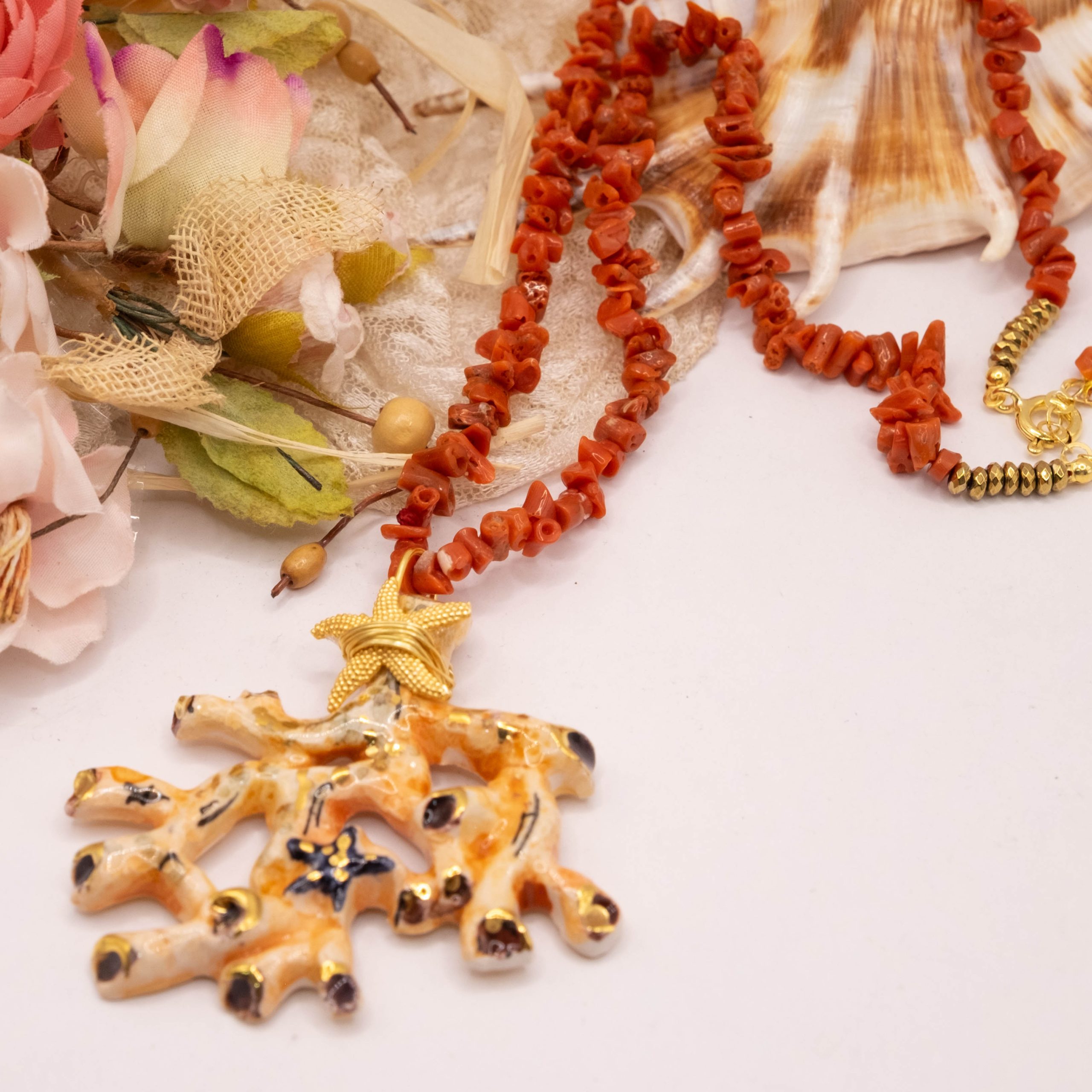 COLLANA ARTIGIANALE RAMO DI CORALLO CERAMICA DI CALTAGIRONE SICILIANA RAMETTI CORALLO DEL MEDITERRANEO ARGENTO (6)