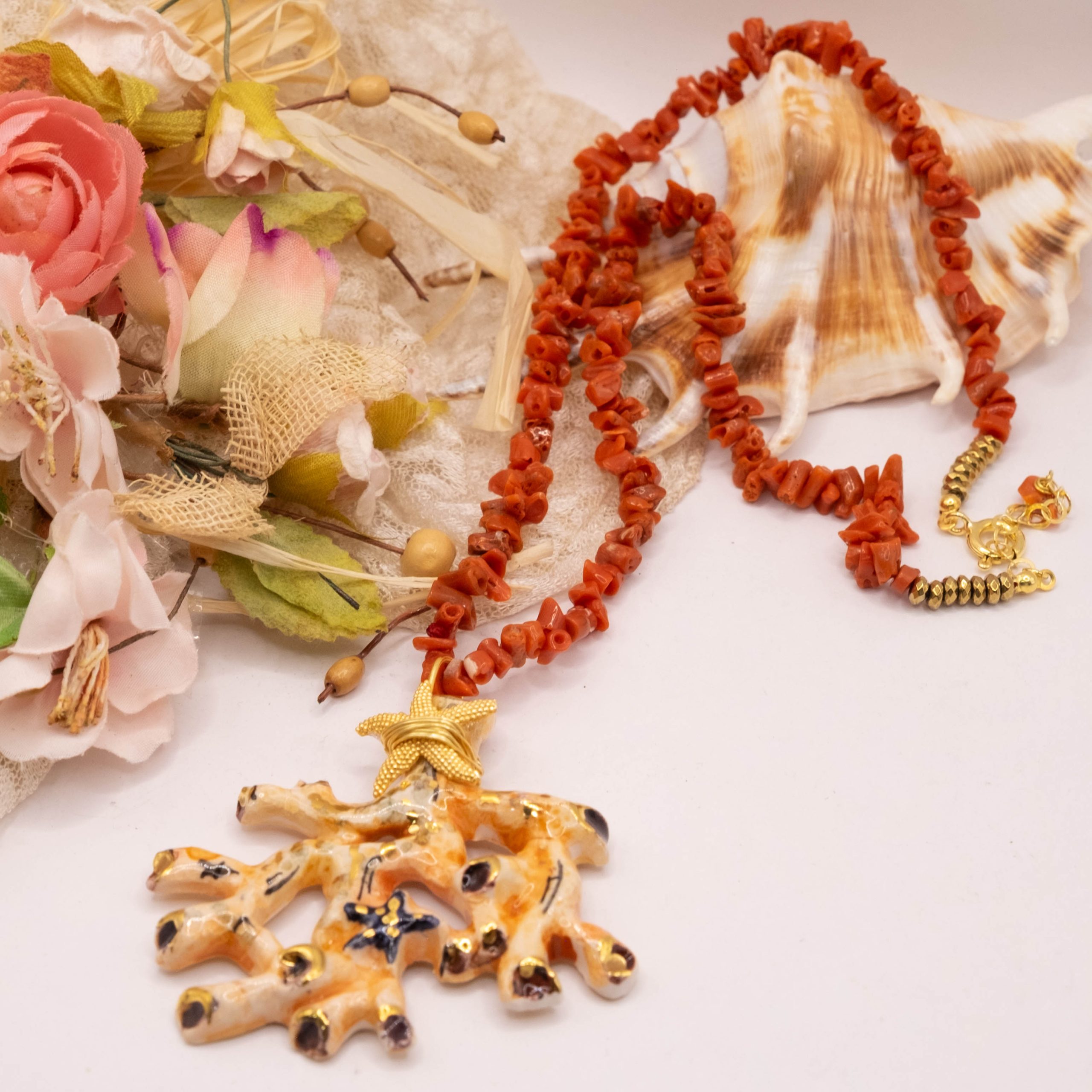 COLLANA ARTIGIANALE RAMO DI CORALLO CERAMICA DI CALTAGIRONE SICILIANA RAMETTI CORALLO DEL MEDITERRANEO ARGENTO (7)