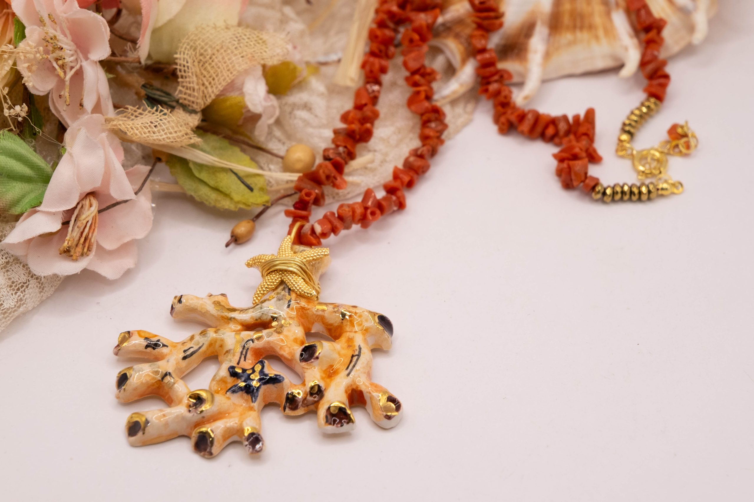 COLLANA ARTIGIANALE RAMO DI CORALLO CERAMICA DI CALTAGIRONE SICILIANA RAMETTI CORALLO DEL MEDITERRANEO ARGENTO (8)