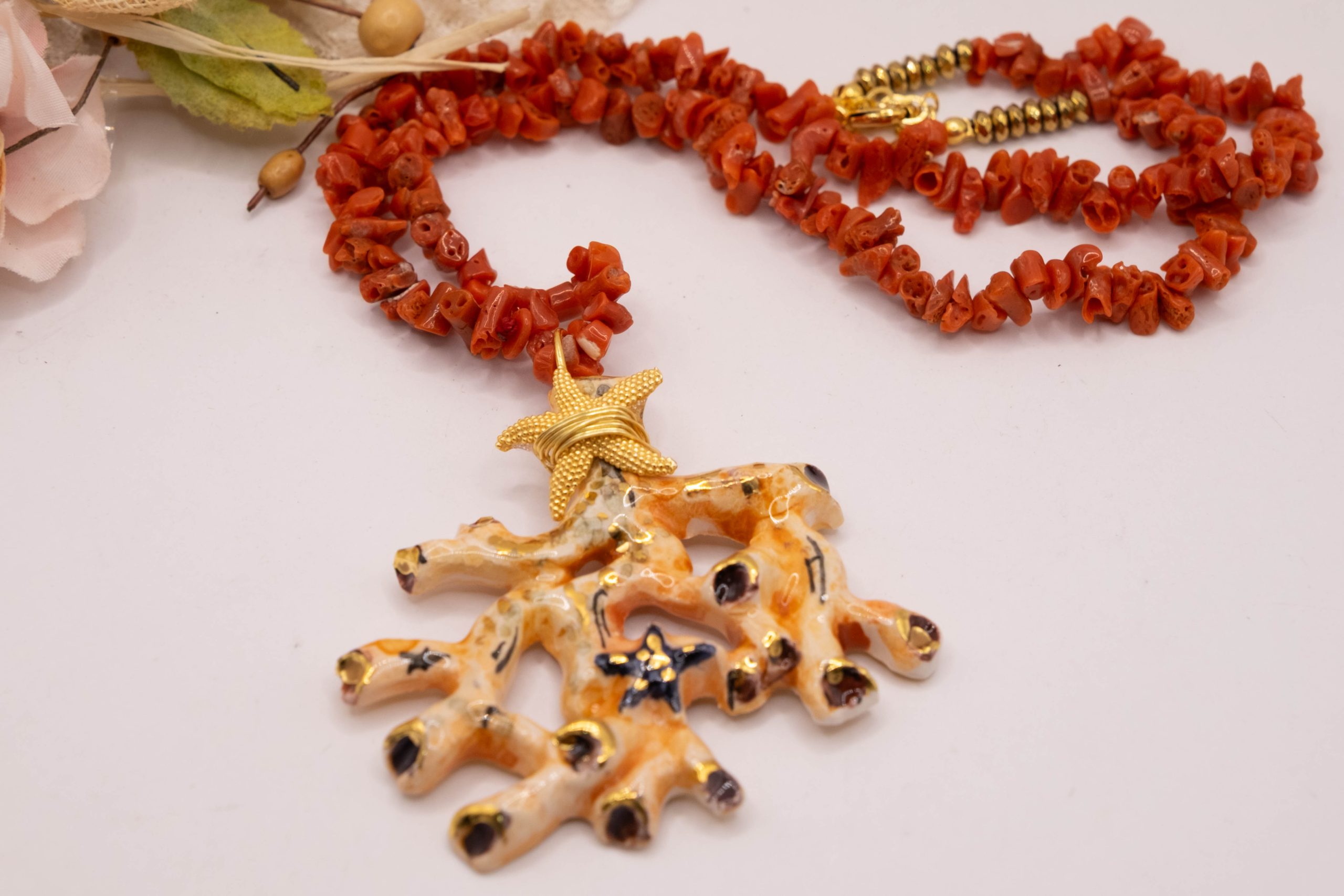 COLLANA ARTIGIANALE RAMO DI CORALLO CERAMICA DI CALTAGIRONE SICILIANA RAMETTI CORALLO DEL MEDITERRANEO ARGENTO (9)