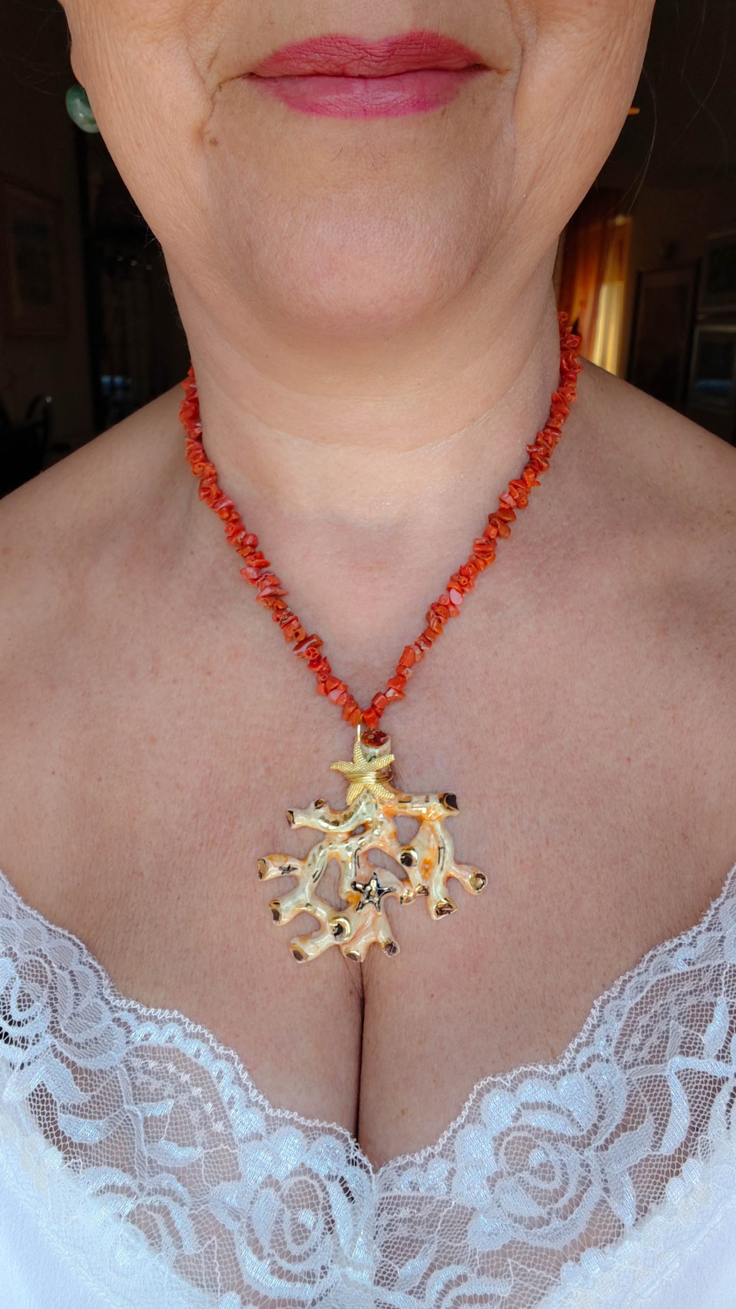 COLLANA ARTIGIANALE RAMO DI CORALLO CERAMICA DI CALTAGIRONE SICILIANA RAMETTI CORALLO DEL MEDITERRANEO ARGENTO