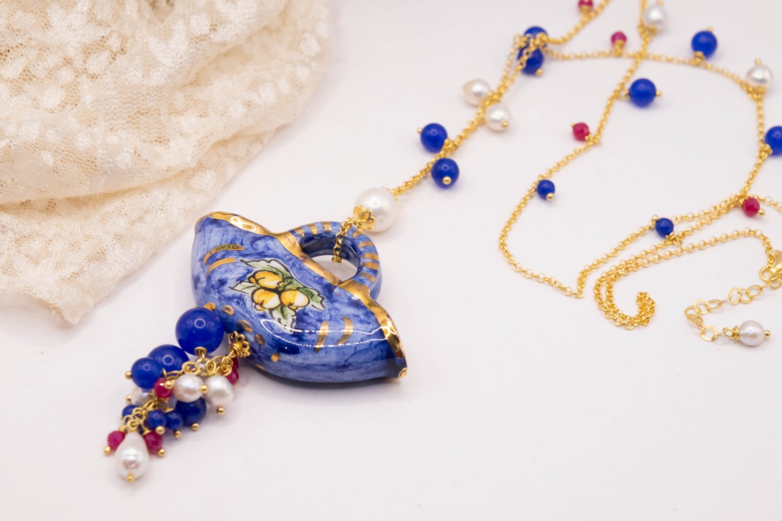 SICILIAN HANDCRAFTED NECKLACE COFFA BLUE JADE BURGUNDY JADE NATURAL PEARLS (1)