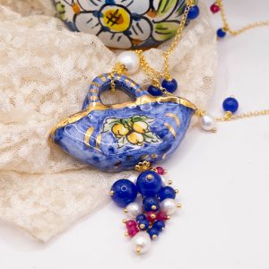 Collana Coffa Ceramica di Caltagirone Giada Blu Borgogna Perle Argento