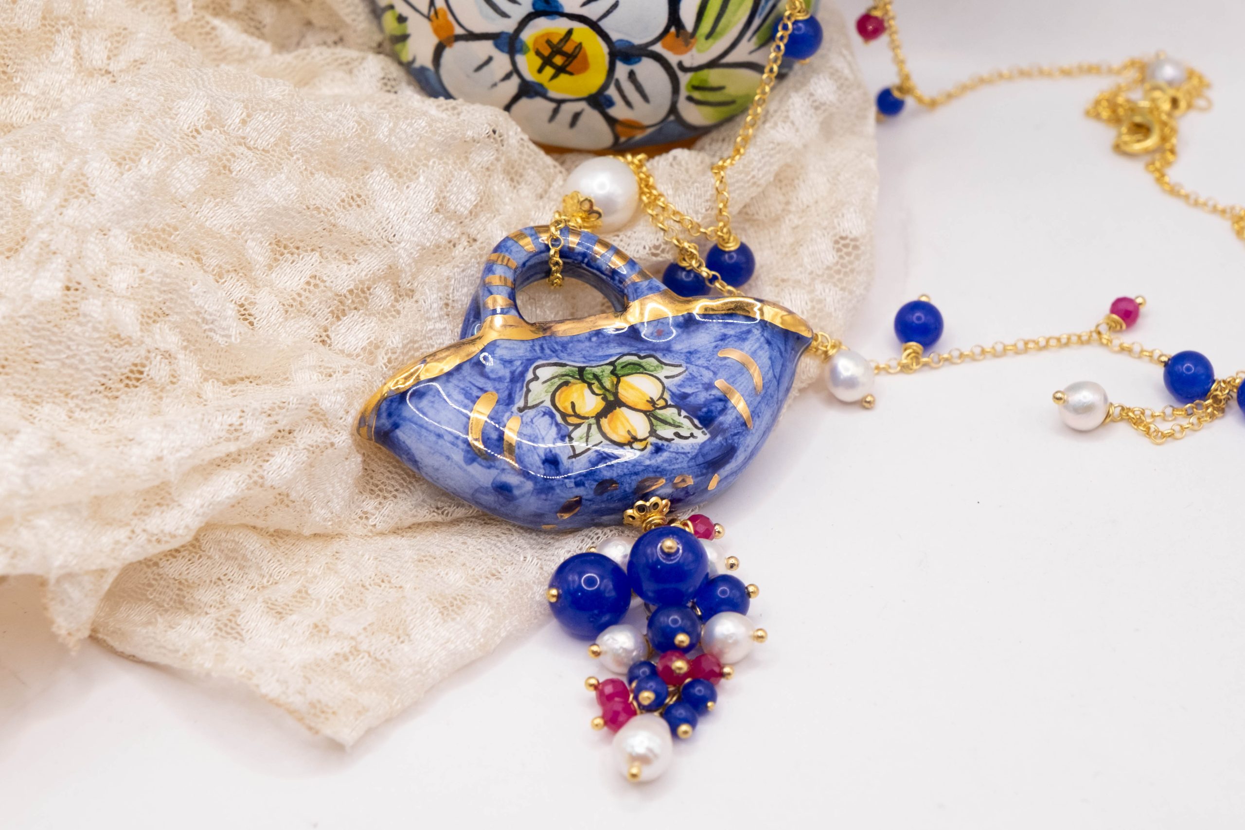 SICILIAN HANDCRAFTED NECKLACE COFFA BLUE JADE BURGUNDY JADE NATURAL PEARLS (2)