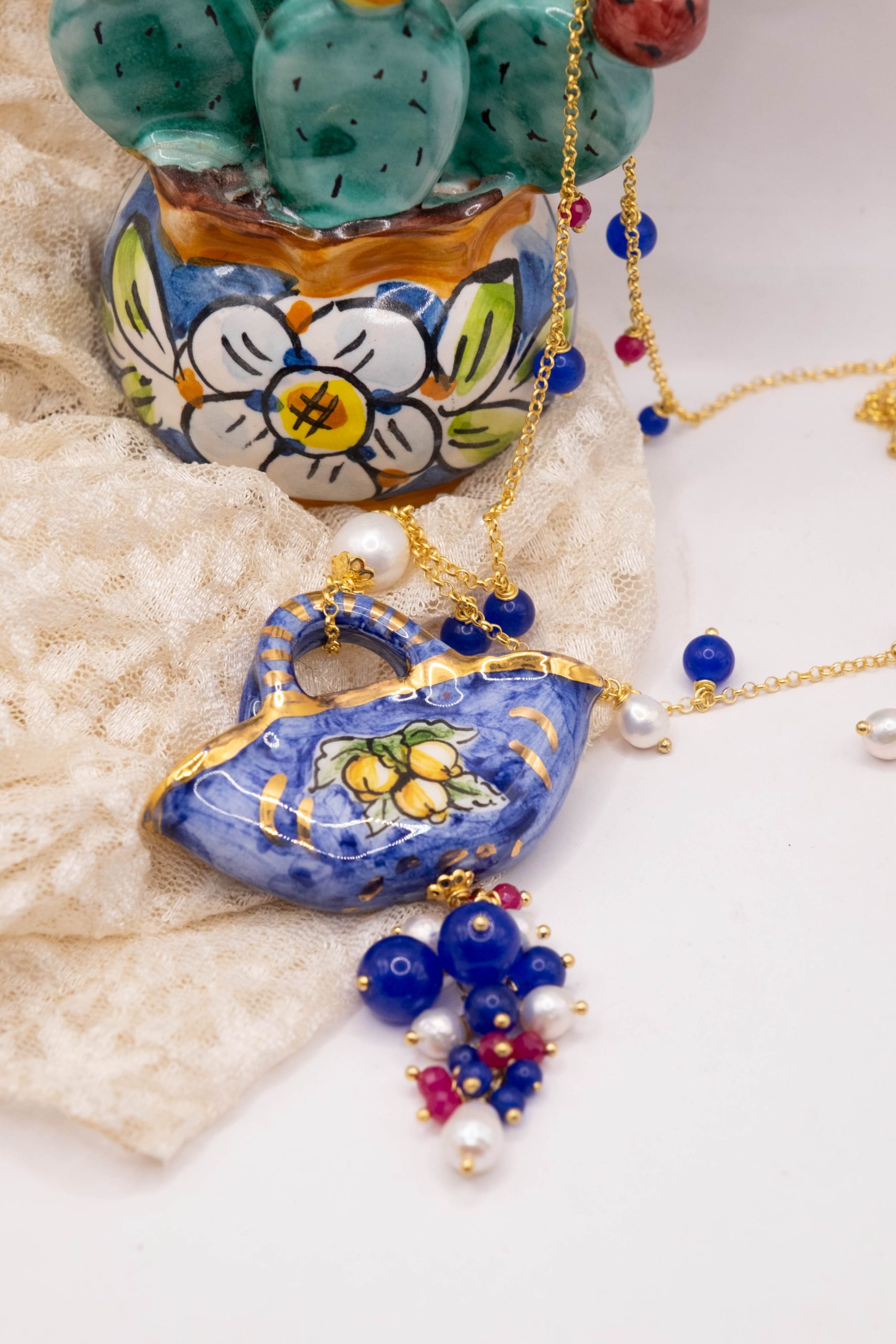 SICILIAN HANDCRAFTED NECKLACE COFFA BLUE JADE BURGUNDY JADE NATURAL PEARLS (3)