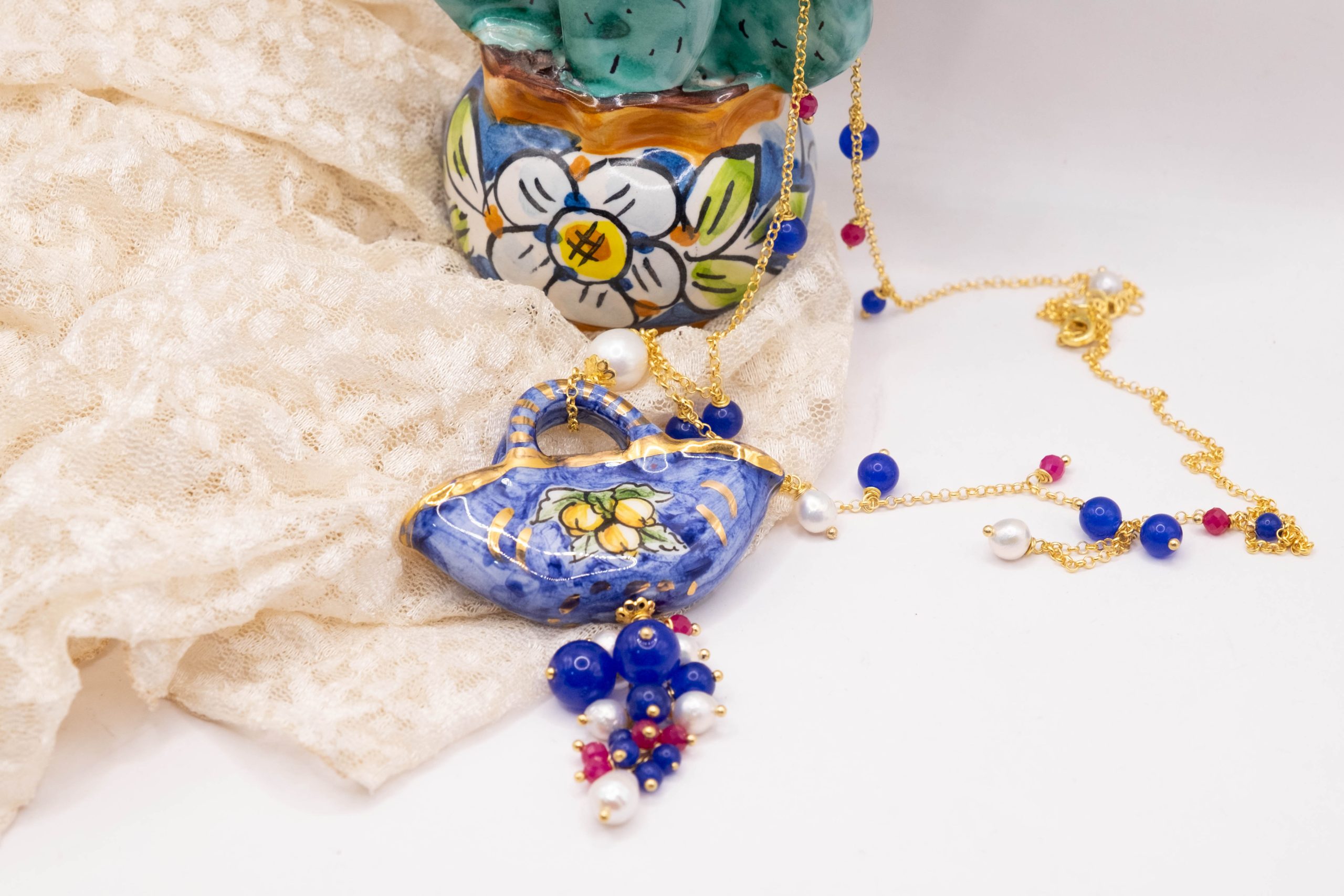 SICILIAN HANDCRAFTED NECKLACE COFFA BLUE JADE BURGUNDY JADE NATURAL PEARLS (4)