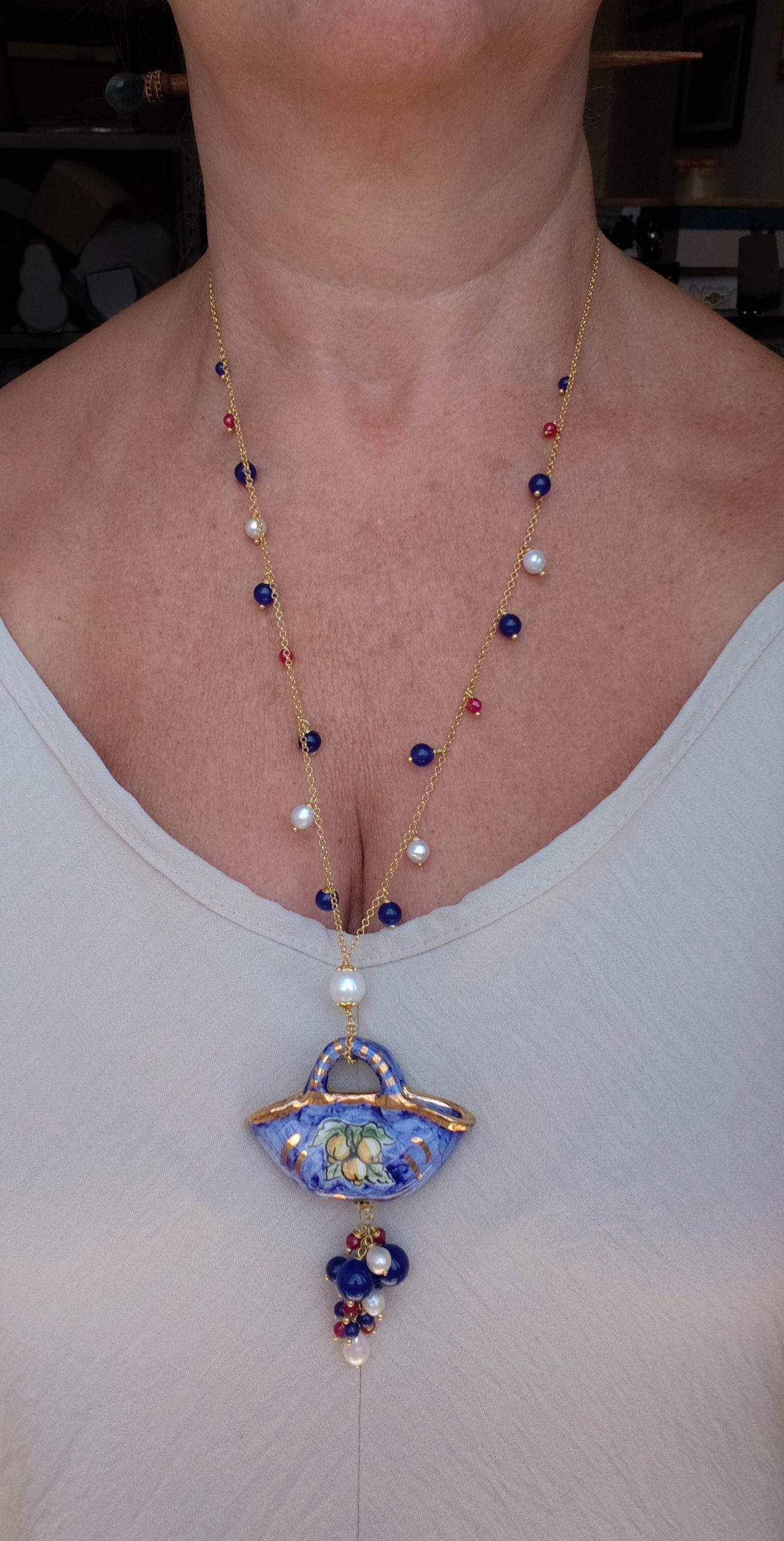 SICILIAN HANDCRAFTED NECKLACE WITH BLUE JADE AND NATURAL PEARLS (2)
