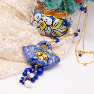 Collana Coffa Ceramica di Caltagirone Giada Blu Perle Argento
