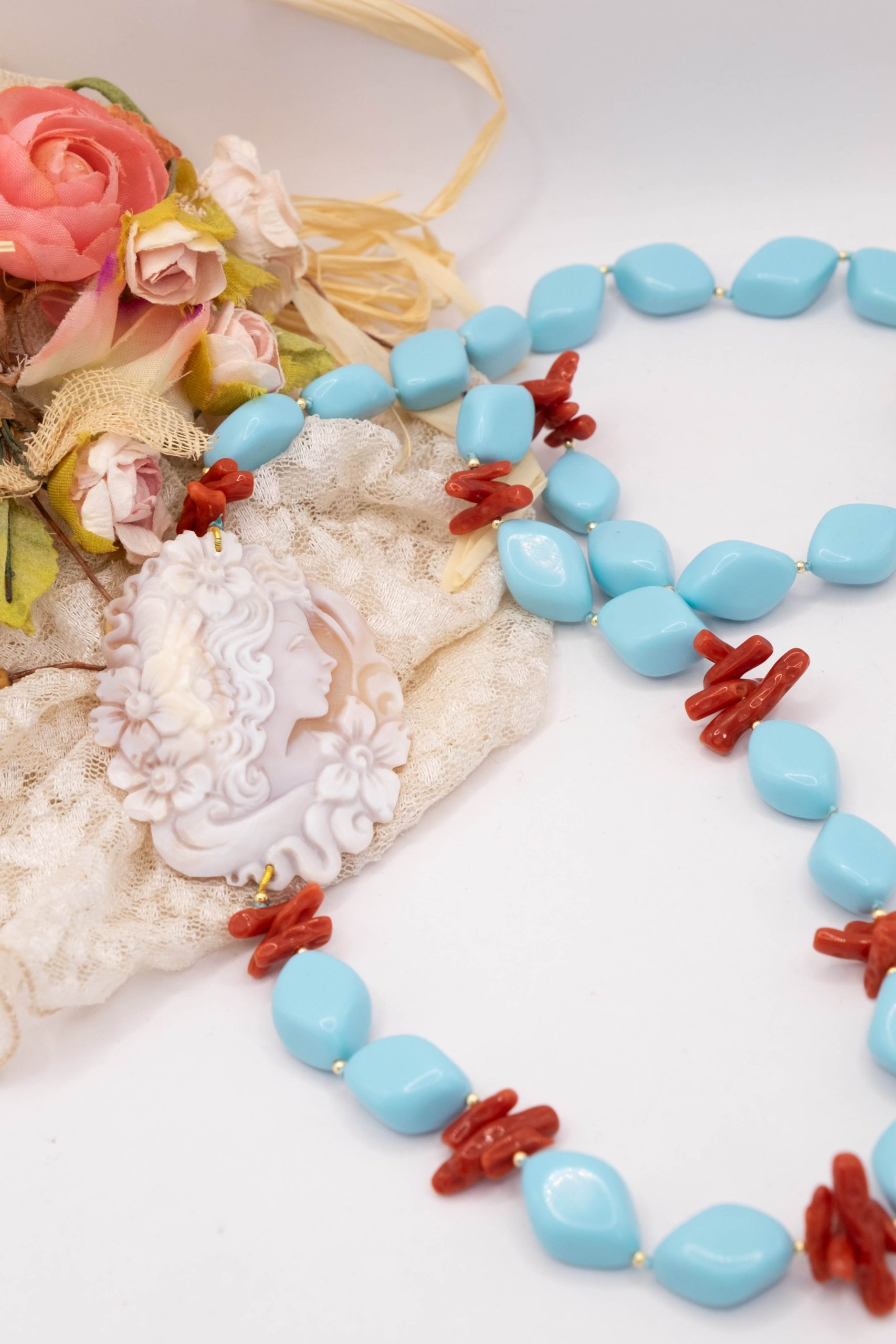 COLLANA CAMMEO TOP QUALITY CORALLO PASTA DI TURCHESE ROMBI (1)