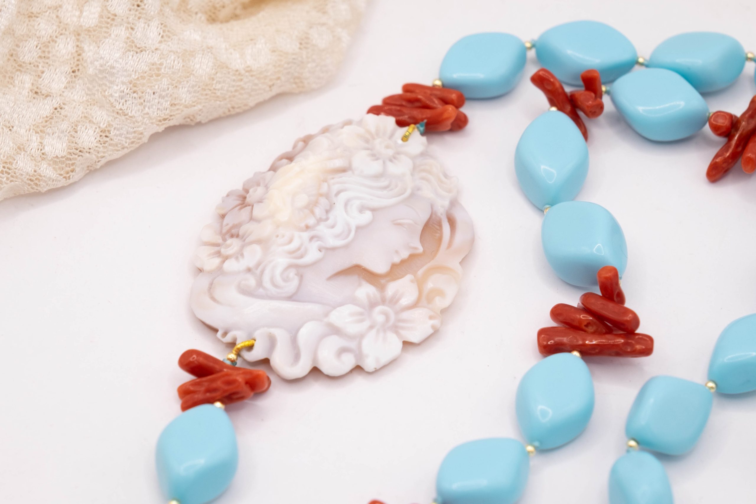 COLLANA CAMMEO TOP QUALITY CORALLO PASTA DI TURCHESE ROMBI (2)