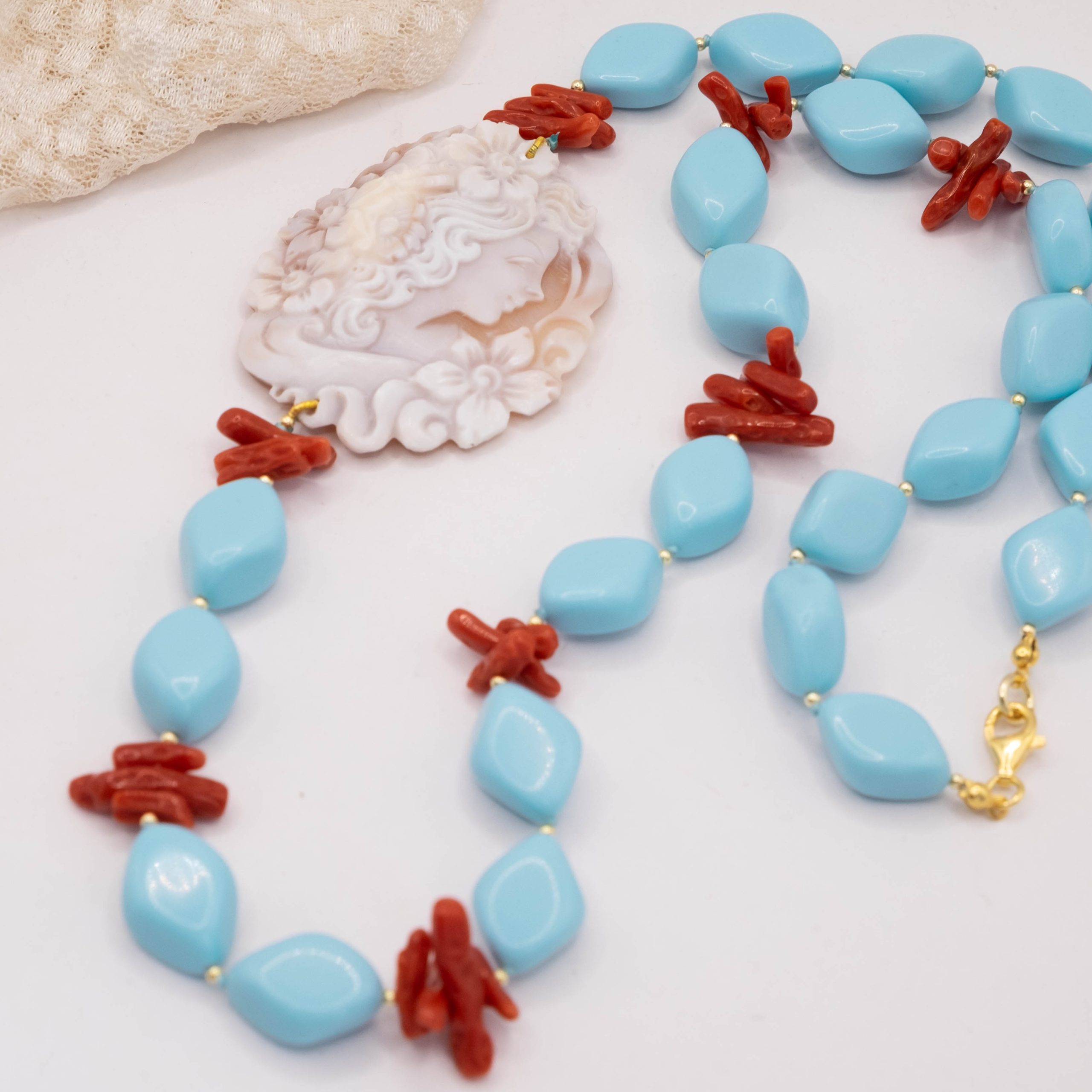 COLLANA CAMMEO TOP QUALITY CORALLO PASTA DI TURCHESE ROMBI (3)