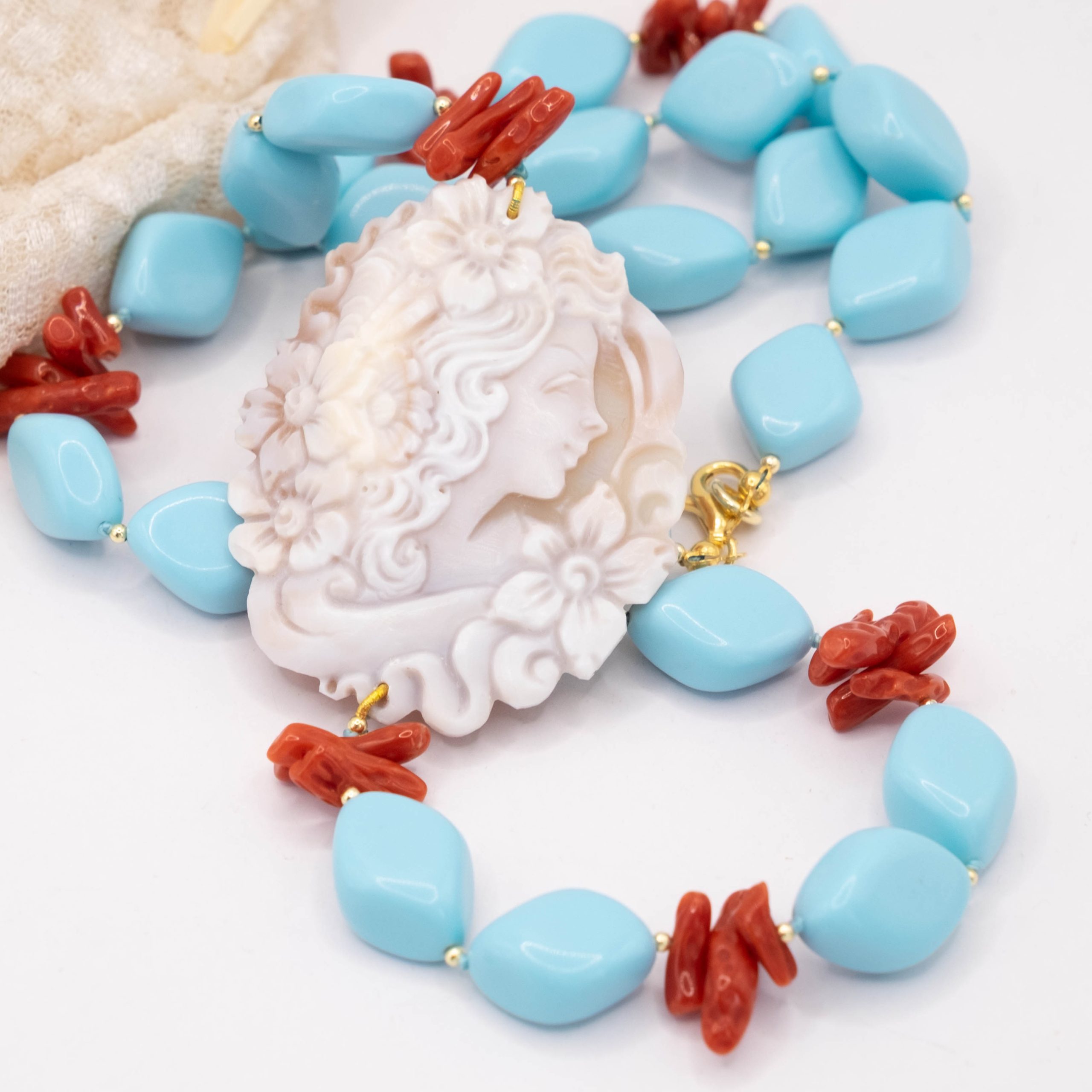 COLLANA CAMMEO TOP QUALITY CORALLO PASTA DI TURCHESE ROMBI (4)