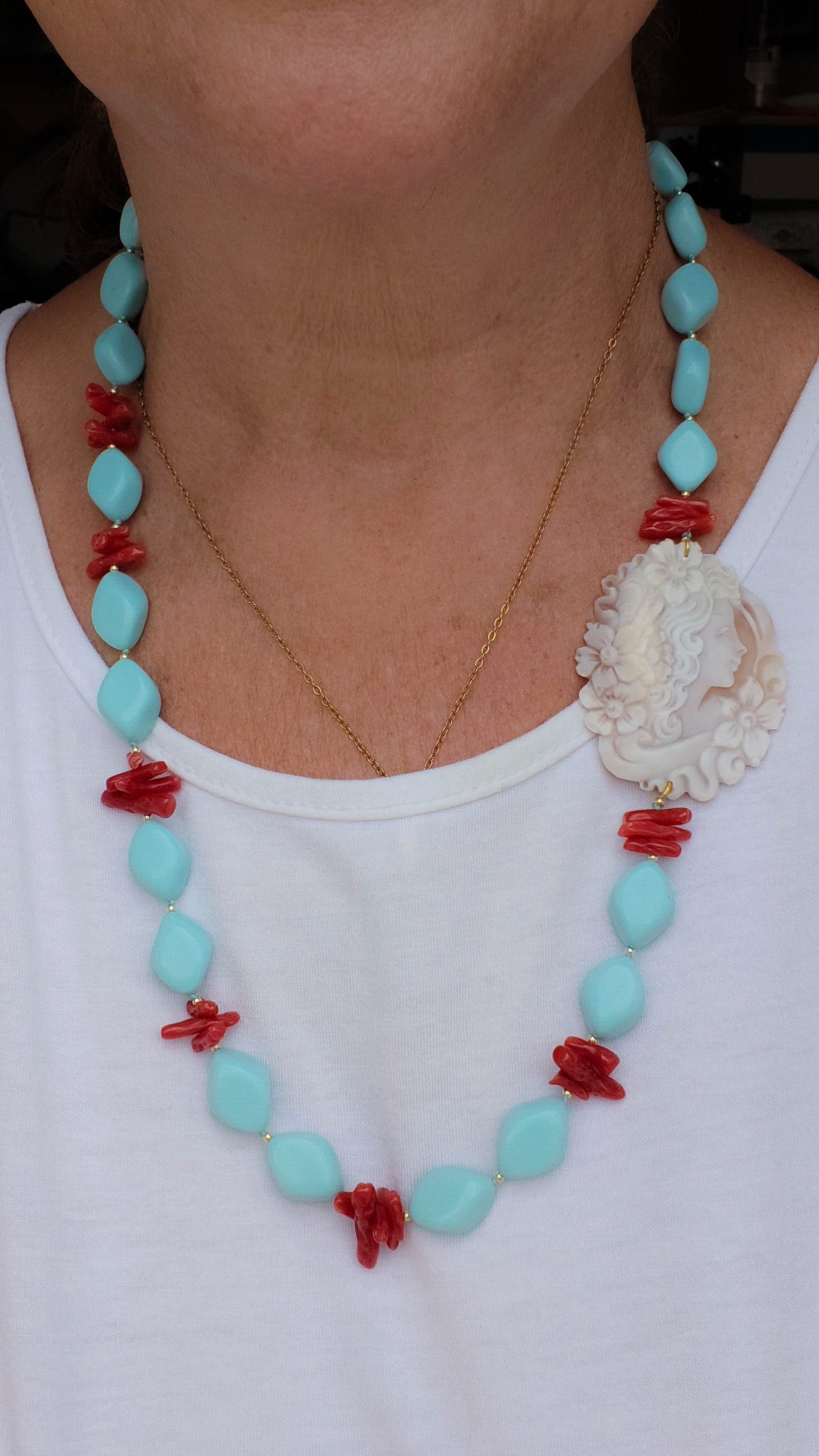 COLLANA CAMMEO TOP QUALITY CORALLO PASTA DI TURCHESE ROMBI (5)