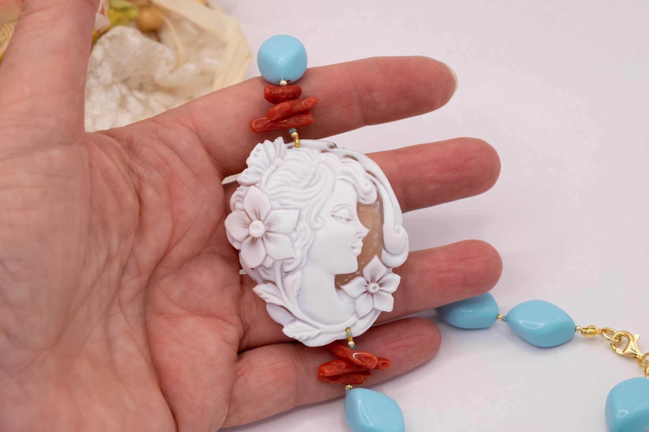 COLLANA CAMMEO TOP QUALITY CORALLO PASTA DI TURCHESE ROMBI (6)