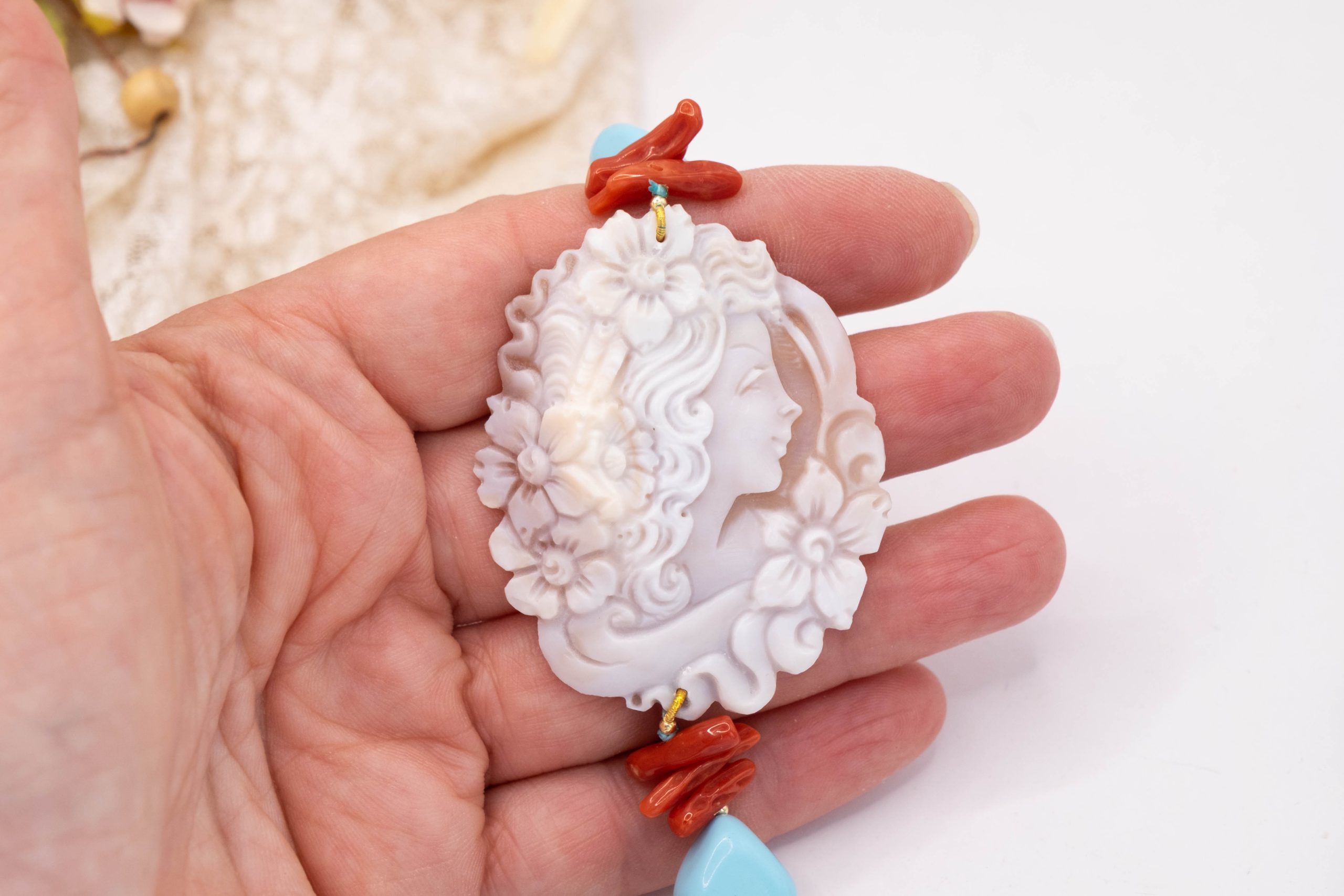 COLLANA CAMMEO TOP QUALITY CORALLO PASTA DI TURCHESE ROMBI (7)