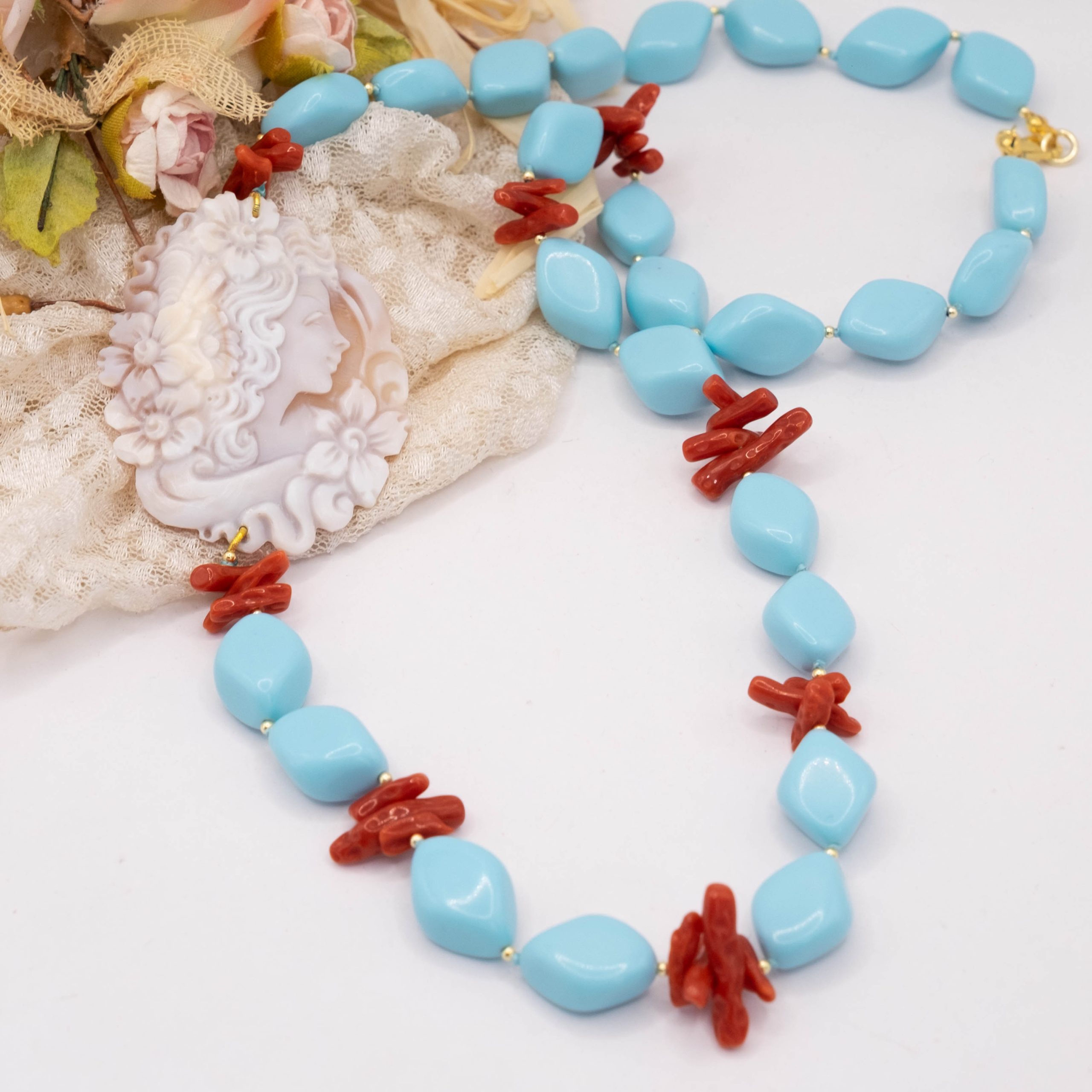 COLLANA CAMMEO TOP QUALITY CORALLO PASTA DI TURCHESE ROMBI (9)