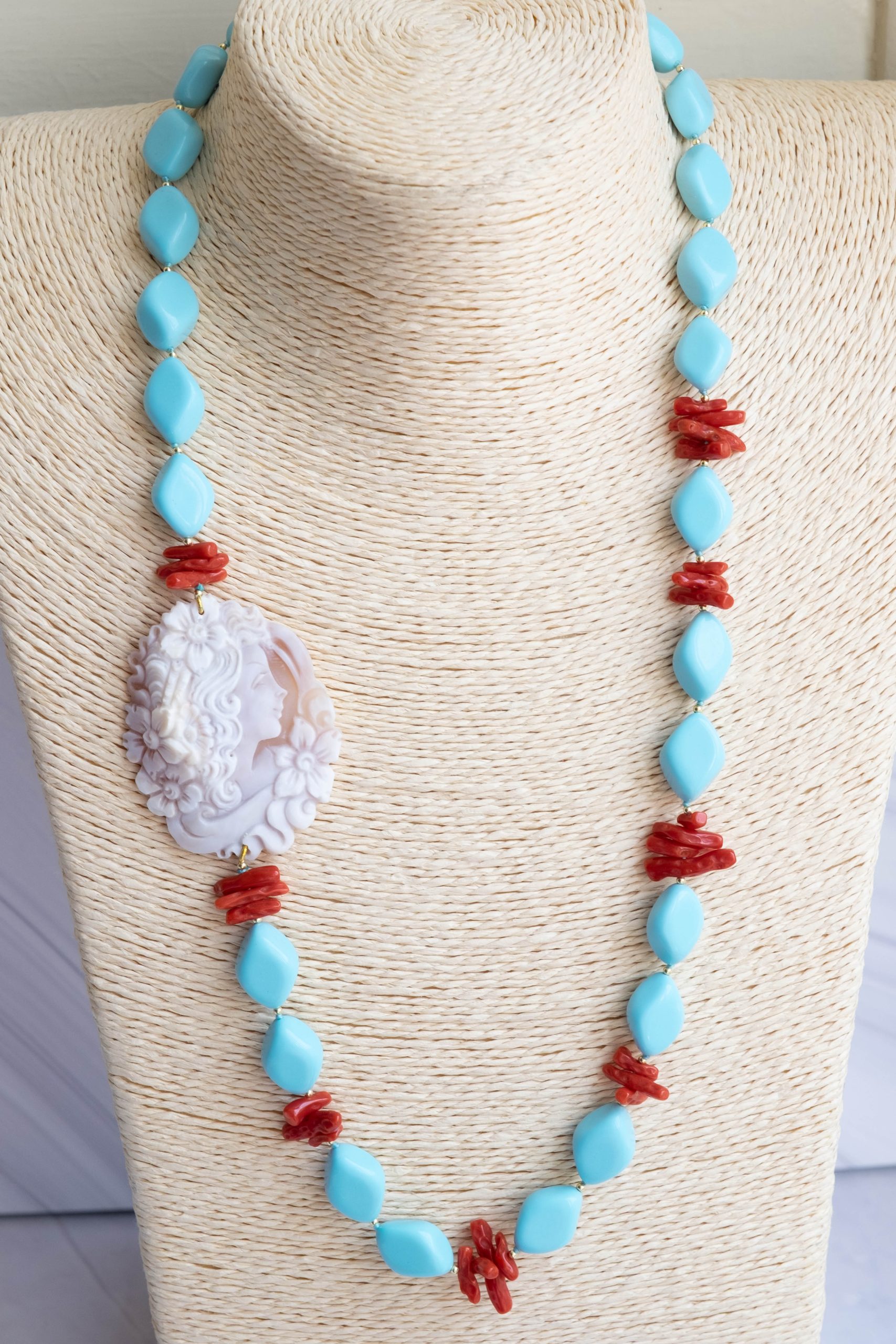 COLLANA CAMMEO TOP QUALITY CORALLO PASTA DI TURCHESE ROMBI